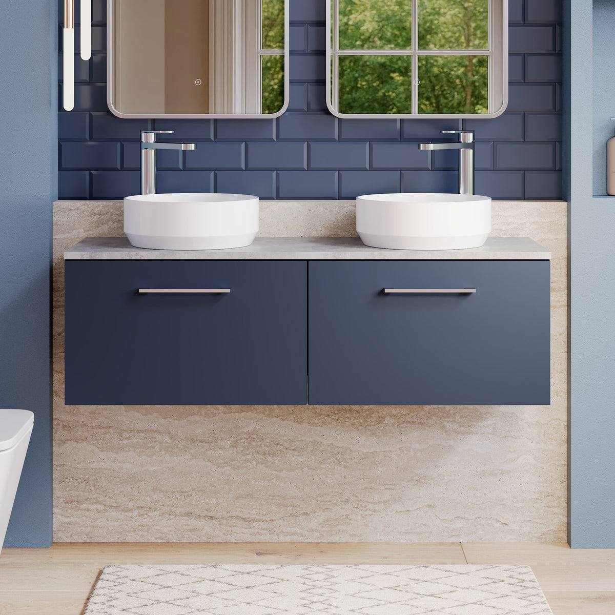 Modern Splash 1200mm Midnight Blue 2 Drawer Wall Hung Vanity Unit With Bellato Grey Worktop