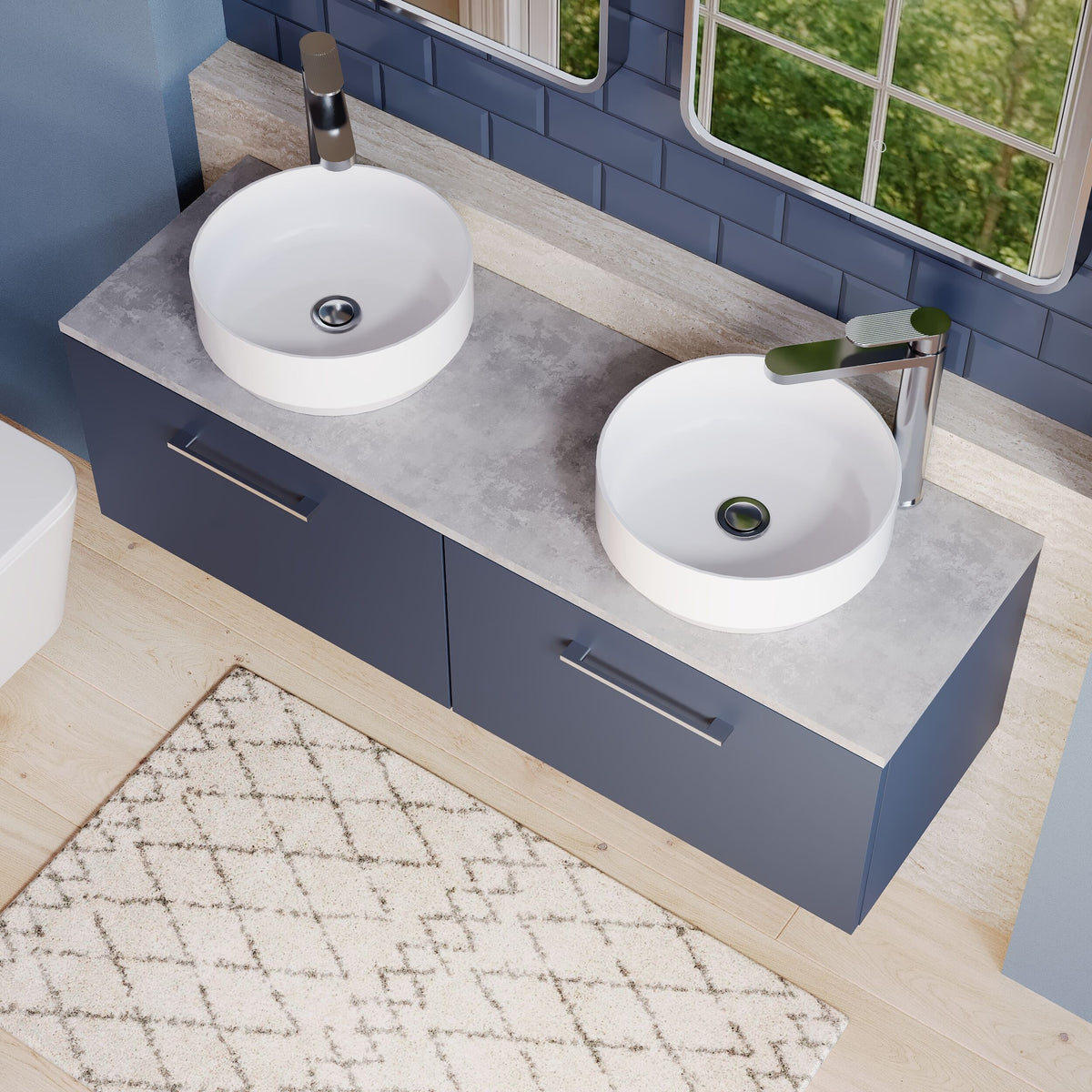 Modern Splash 1200mm Midnight Blue 2 Drawer Wall Hung Vanity Unit With Bellato Grey Worktop