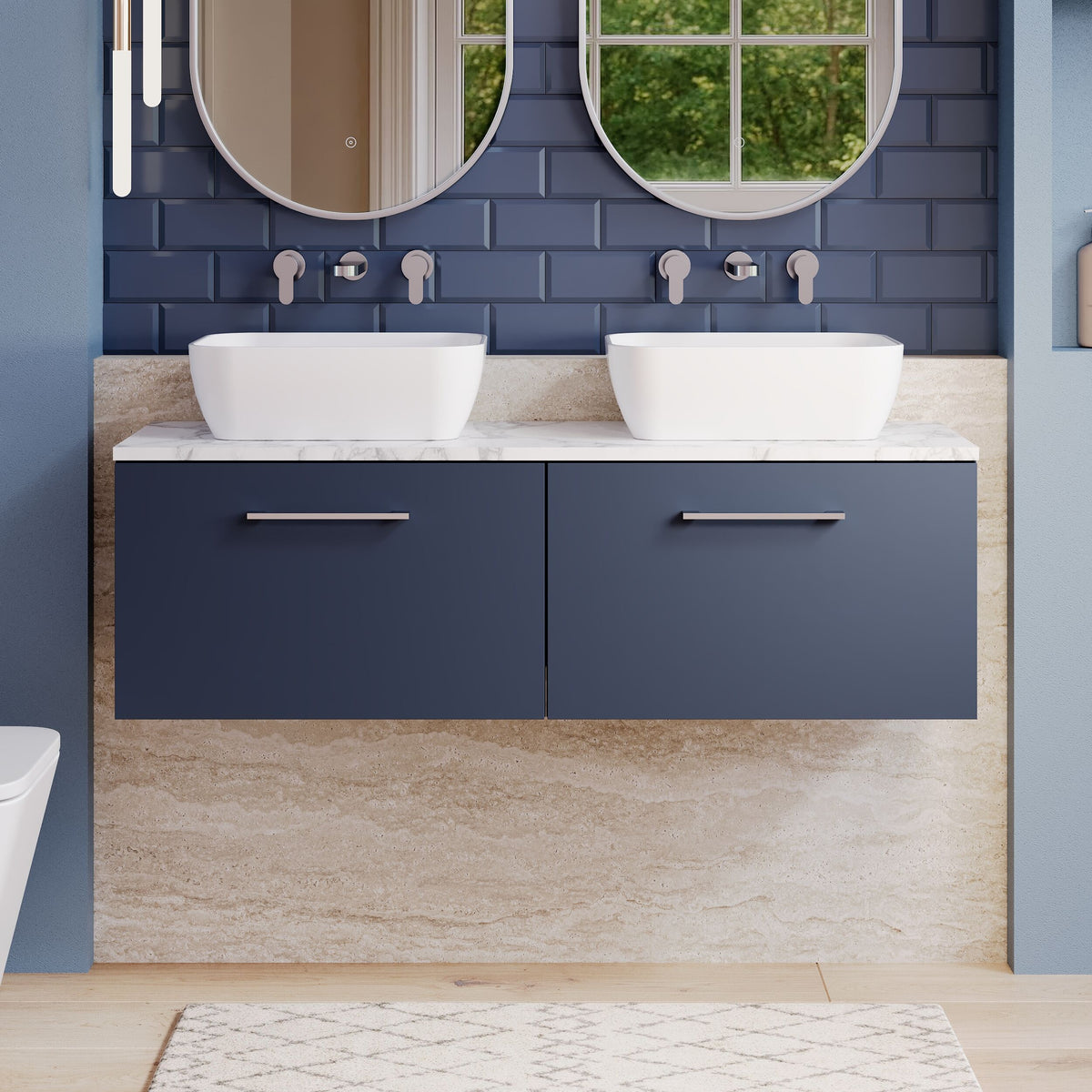 Modern Splash 1200mm Midnight Blue 2 Drawer Wall Hung Vanity With Carrara Laminate Worktop