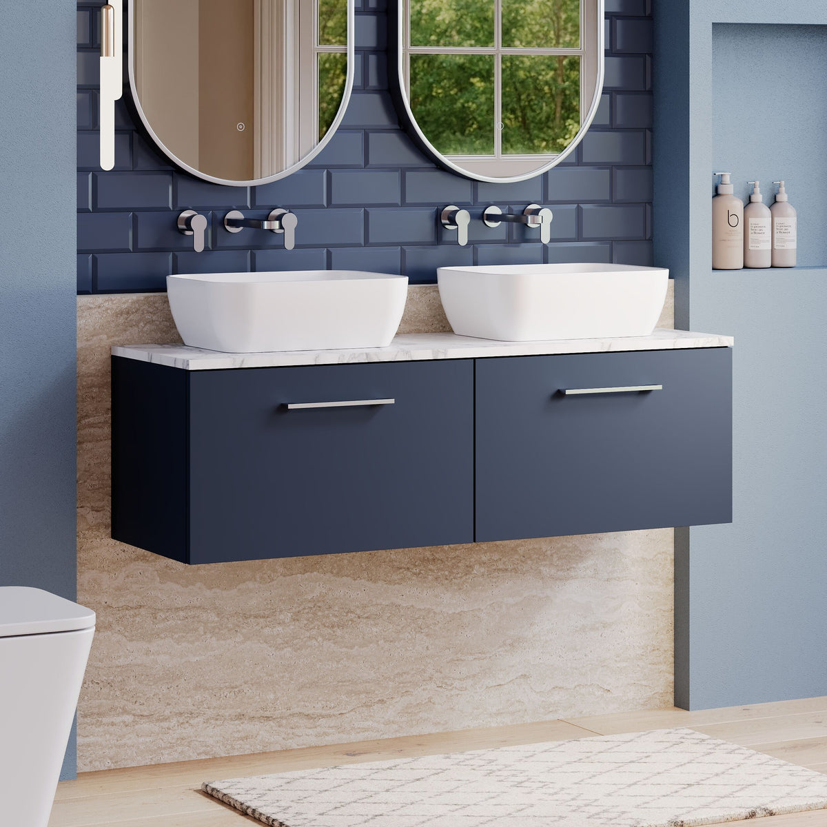 Modern Splash 1200mm Midnight Blue 2 Drawer Wall Hung Vanity With Carrara Laminate Worktop
