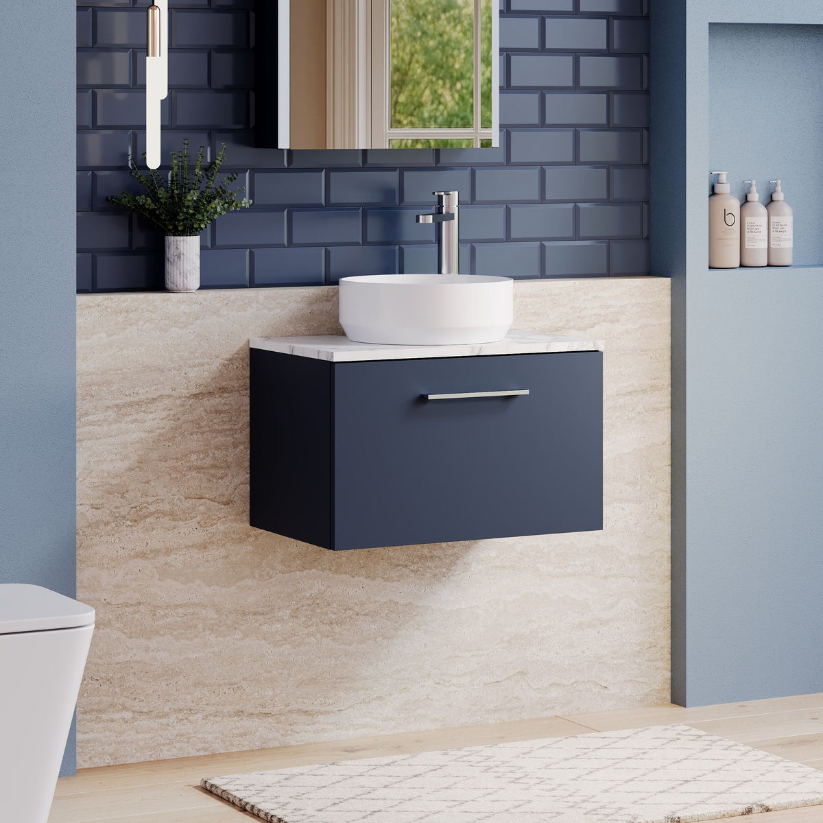 Modern Splash 600mm Midnight Blue 1 Drawer Wall Hung Vanity Unit With Carrara Laminate Worktop