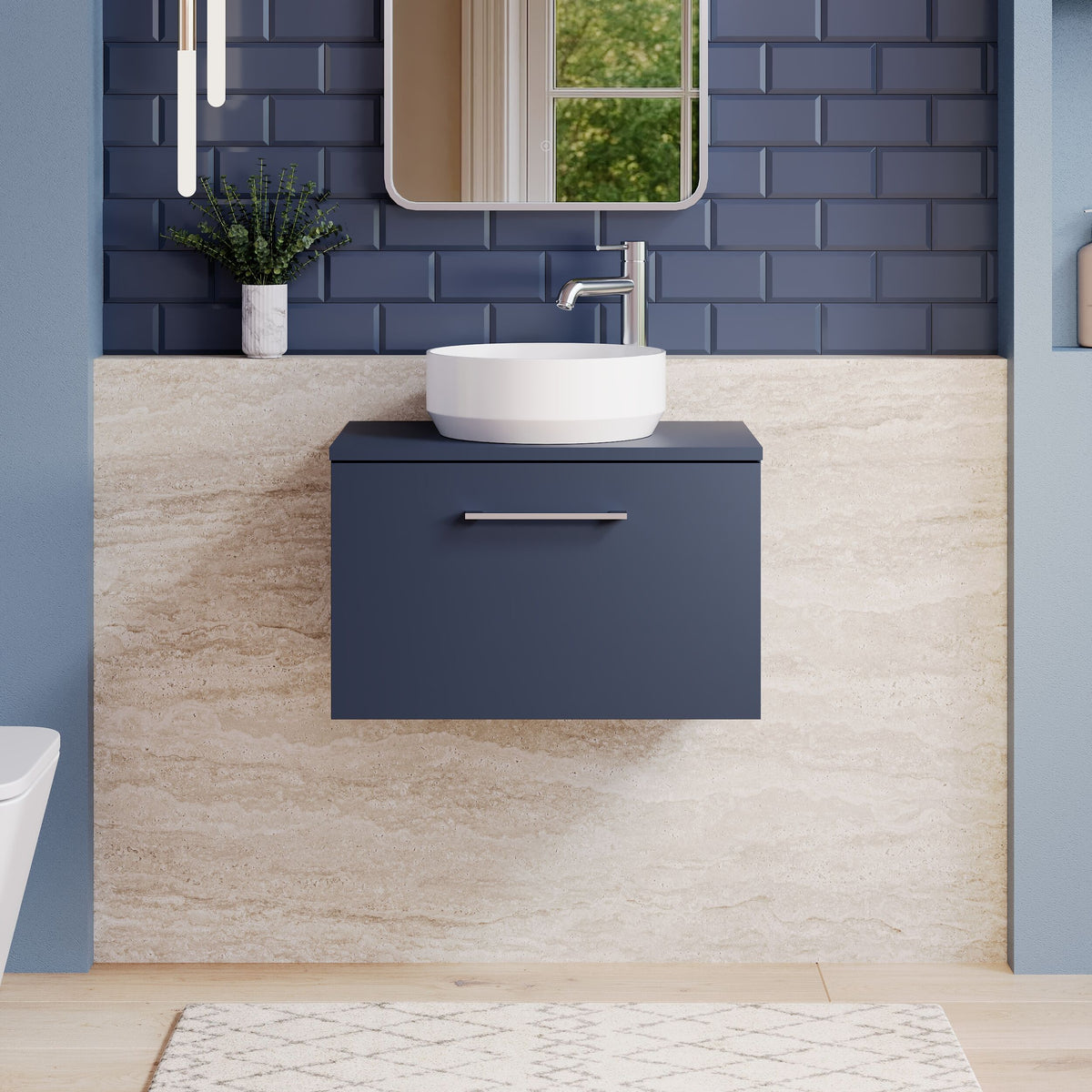Modern Splash 600mm Midnight Blue 1 Drawer Wall Hung Vanity Unit With Co-ordinating Worktop
