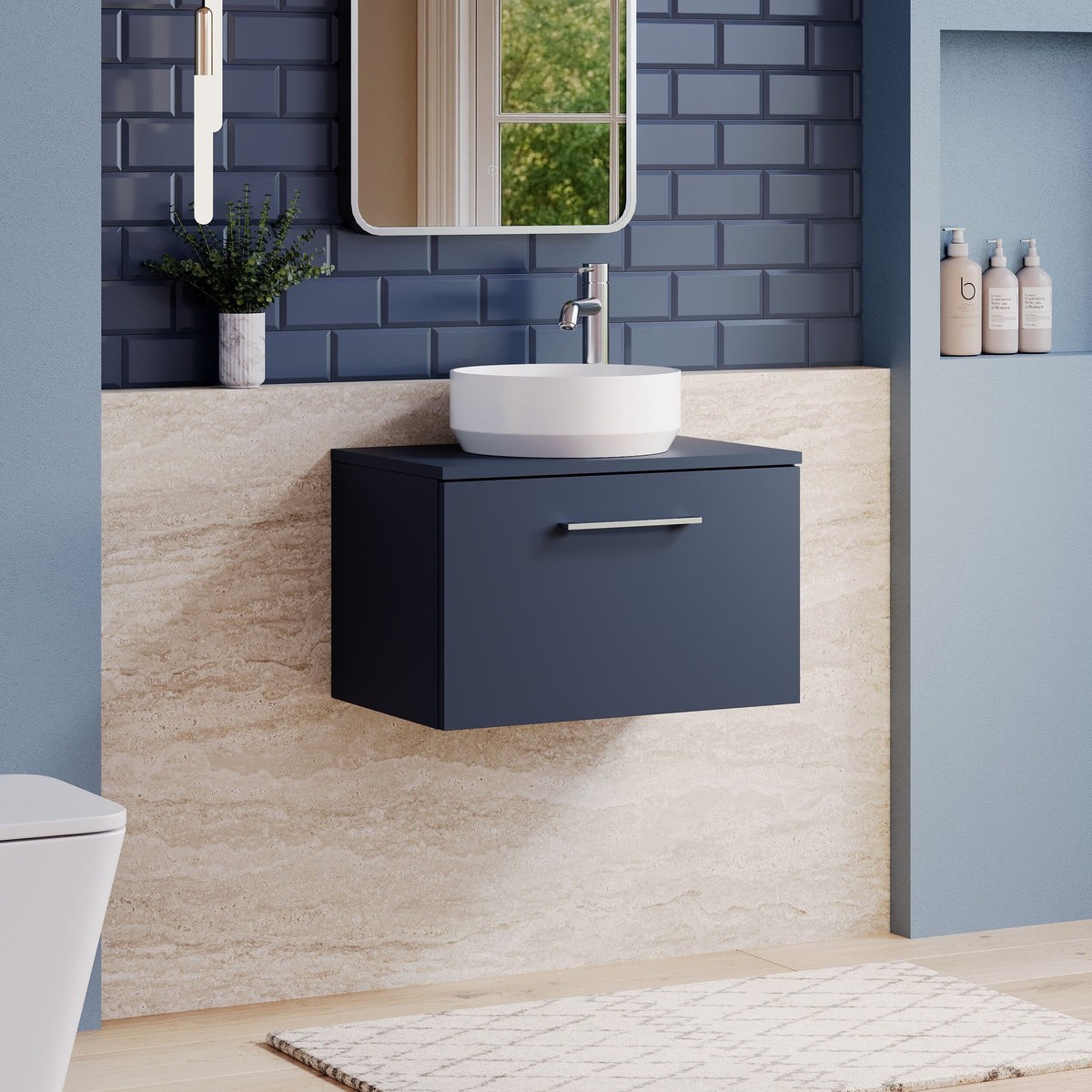 Modern Splash 600mm Midnight Blue 1 Drawer Wall Hung Vanity Unit With Co-ordinating Worktop