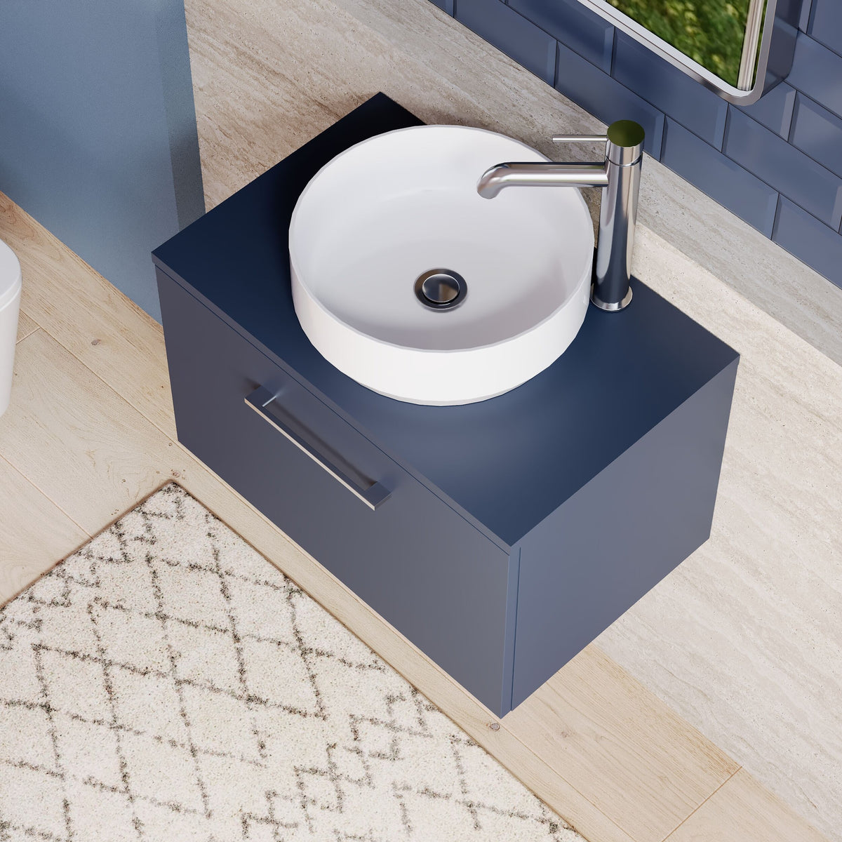Modern Splash 600mm Midnight Blue 1 Drawer Wall Hung Vanity Unit With Co-ordinating Worktop