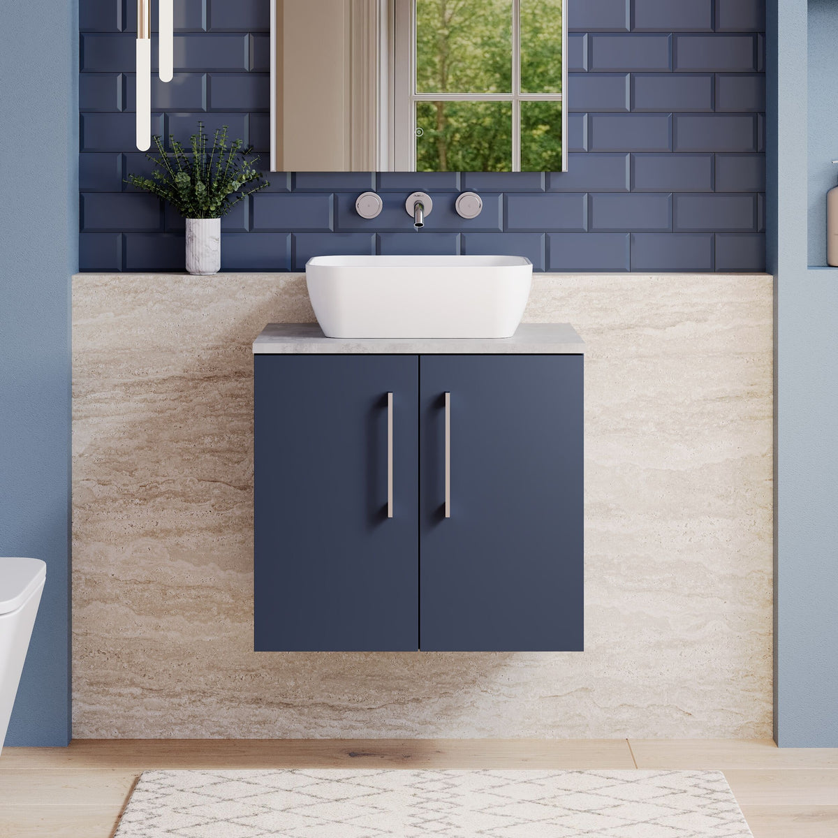 Modern Splash 600mm Midnight Blue 2 Door Wall Hung Vanity Unit With Bellato Grey Worktop