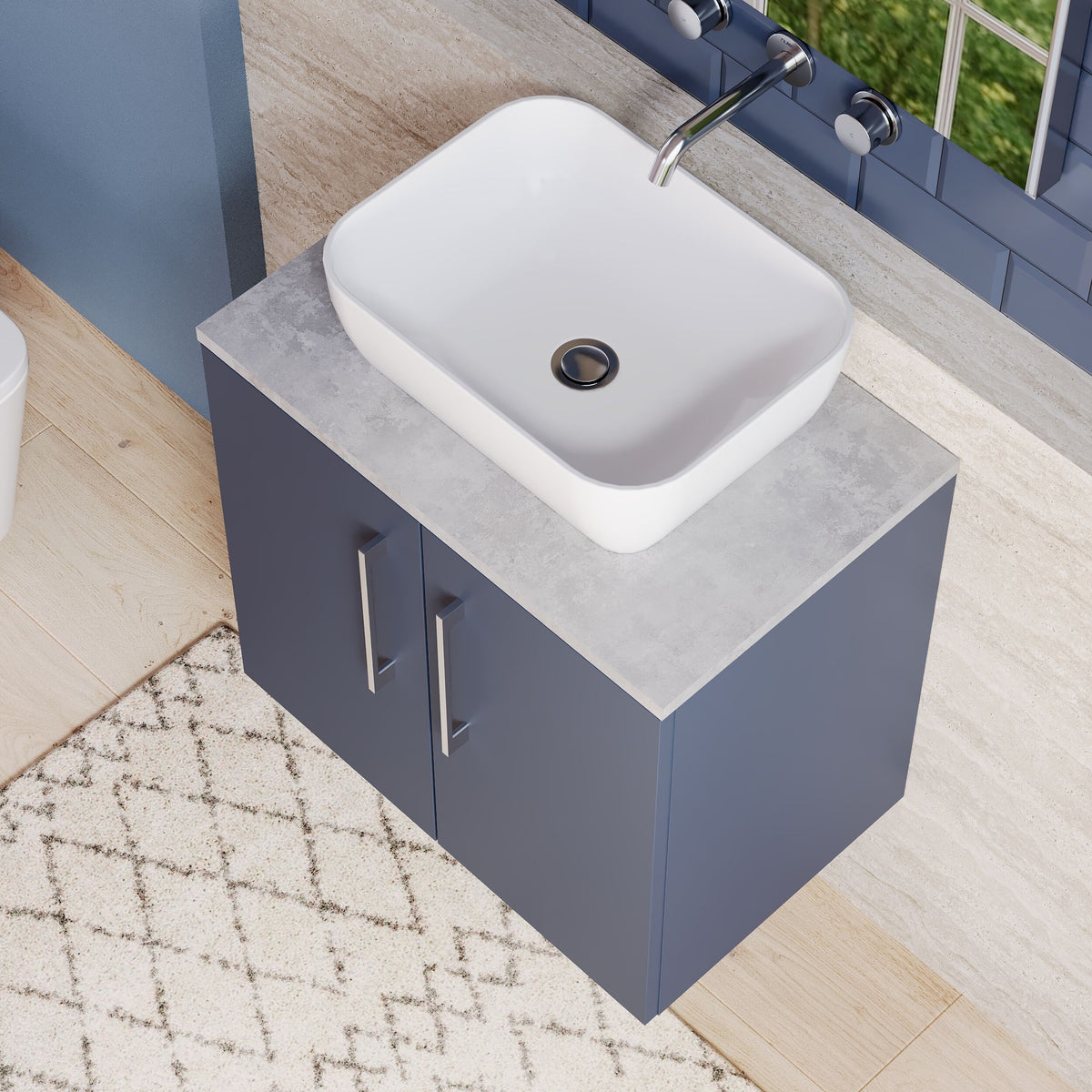 Modern Splash 600mm Midnight Blue 2 Door Wall Hung Vanity Unit With Bellato Grey Worktop