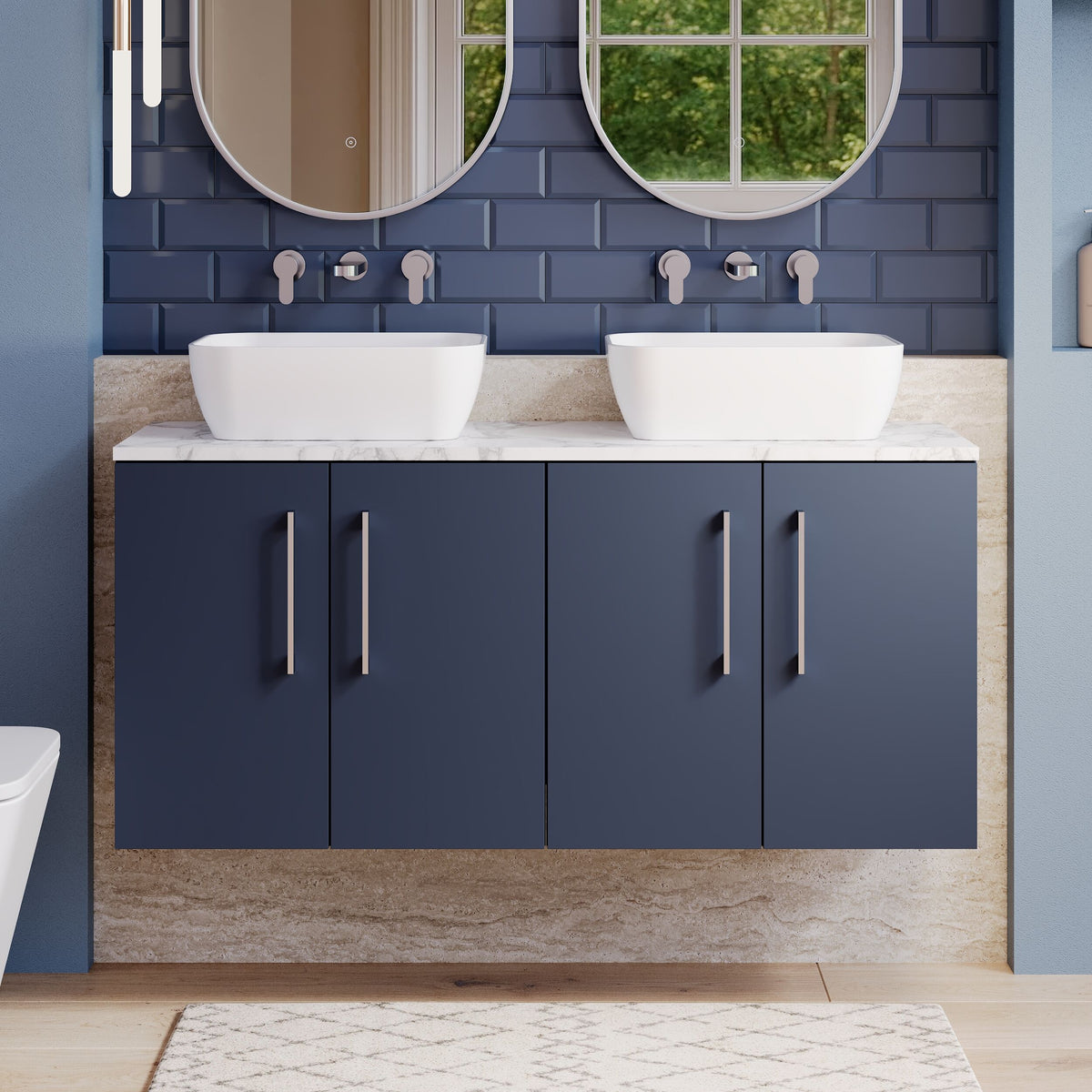 Modern Splash 1200mm Midnight Blue Wall Hung Vanity With Carrara Laminate Worktop