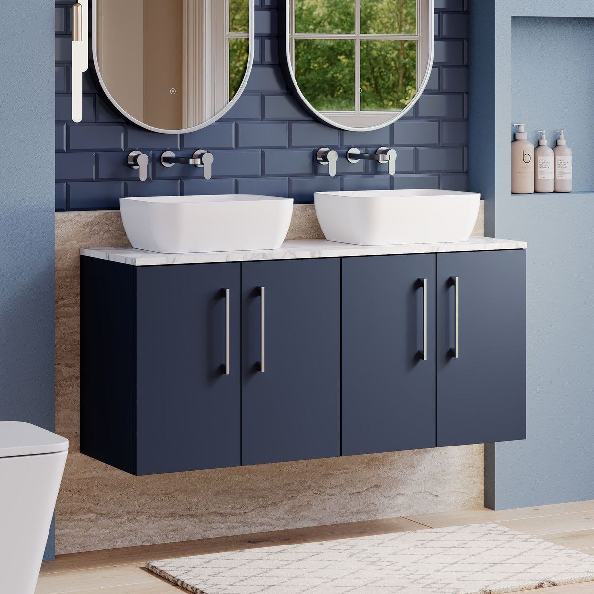 Modern Splash 1200mm Midnight Blue Wall Hung Vanity With Carrara Laminate Worktop