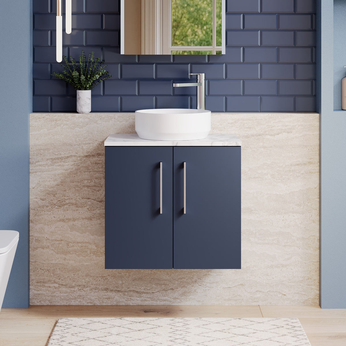 Modern Splash 600mm Midnight Blue 2 Door Wall Hung Vanity Unit With Carrara Laminate Worktop