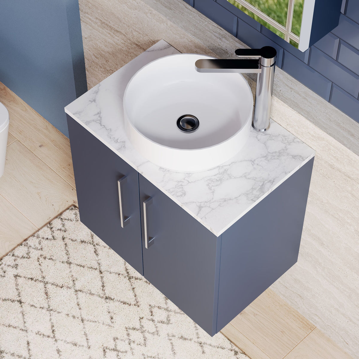 Modern Splash 600mm Midnight Blue 2 Door Wall Hung Vanity Unit With Carrara Laminate Worktop