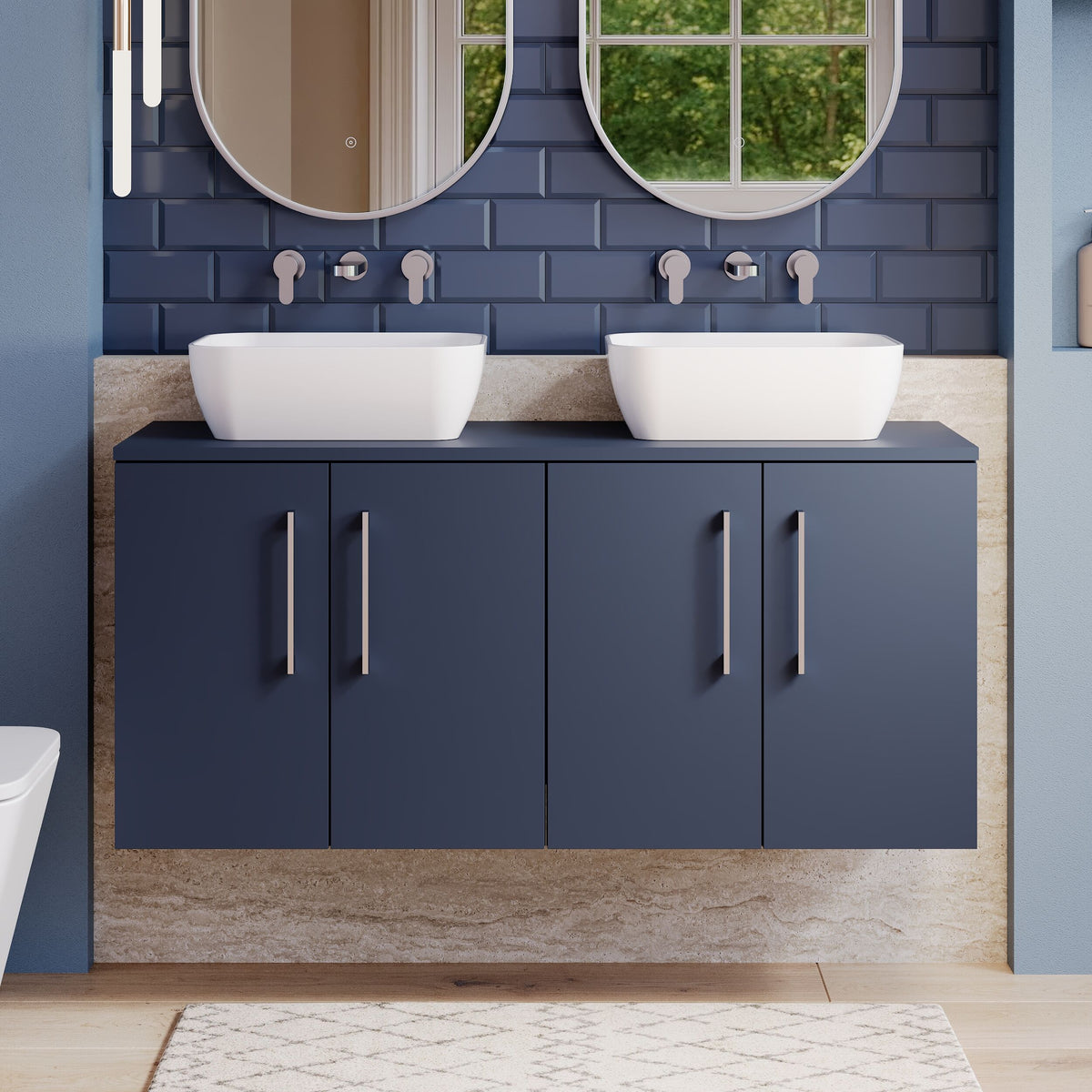 Modern Splash 1200mm Midnight Blue 2 Door Wall Hung Vanity Unit With Co-ordinating Worktop