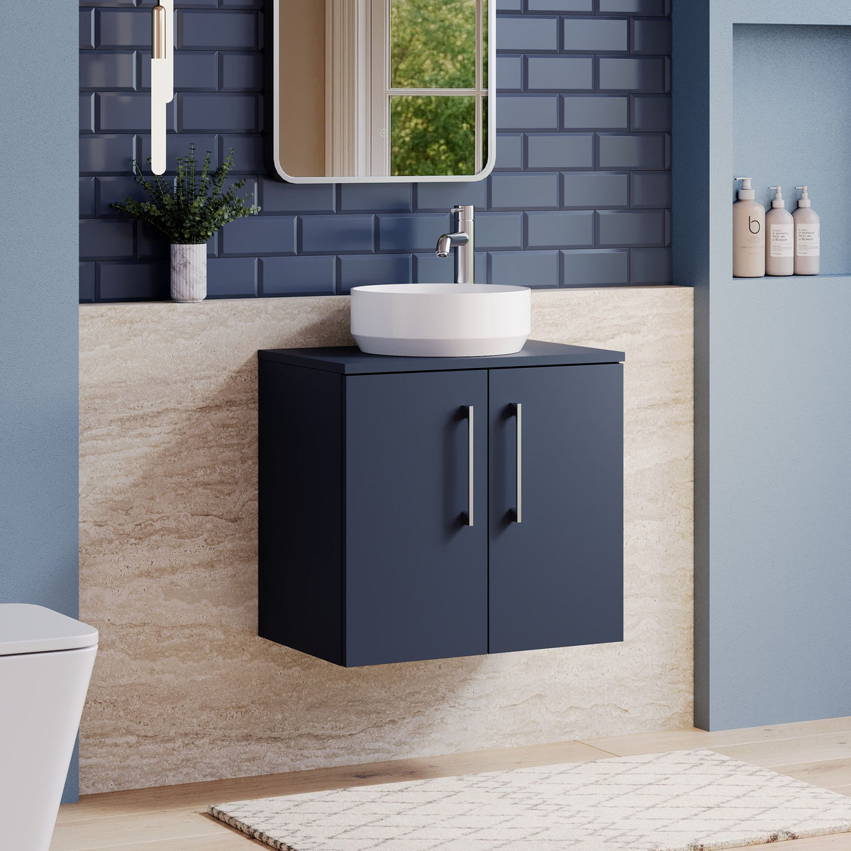 Modern Splash 600mm Midnight Blue 2 Door Wall Hung Vanity Unit With Co-ordinating Worktop