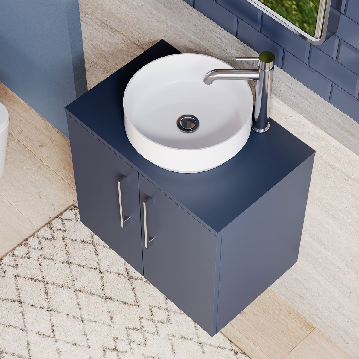 Modern Splash 600mm Midnight Blue 2 Door Wall Hung Vanity Unit With Co-ordinating Worktop