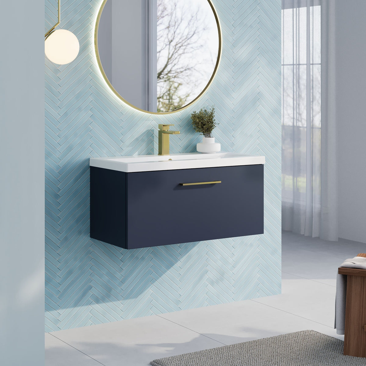 Modern Splash 800mm Midnight Blue 1 Drawer Wall Hung Vanity Unit With Mid-Edge Basin