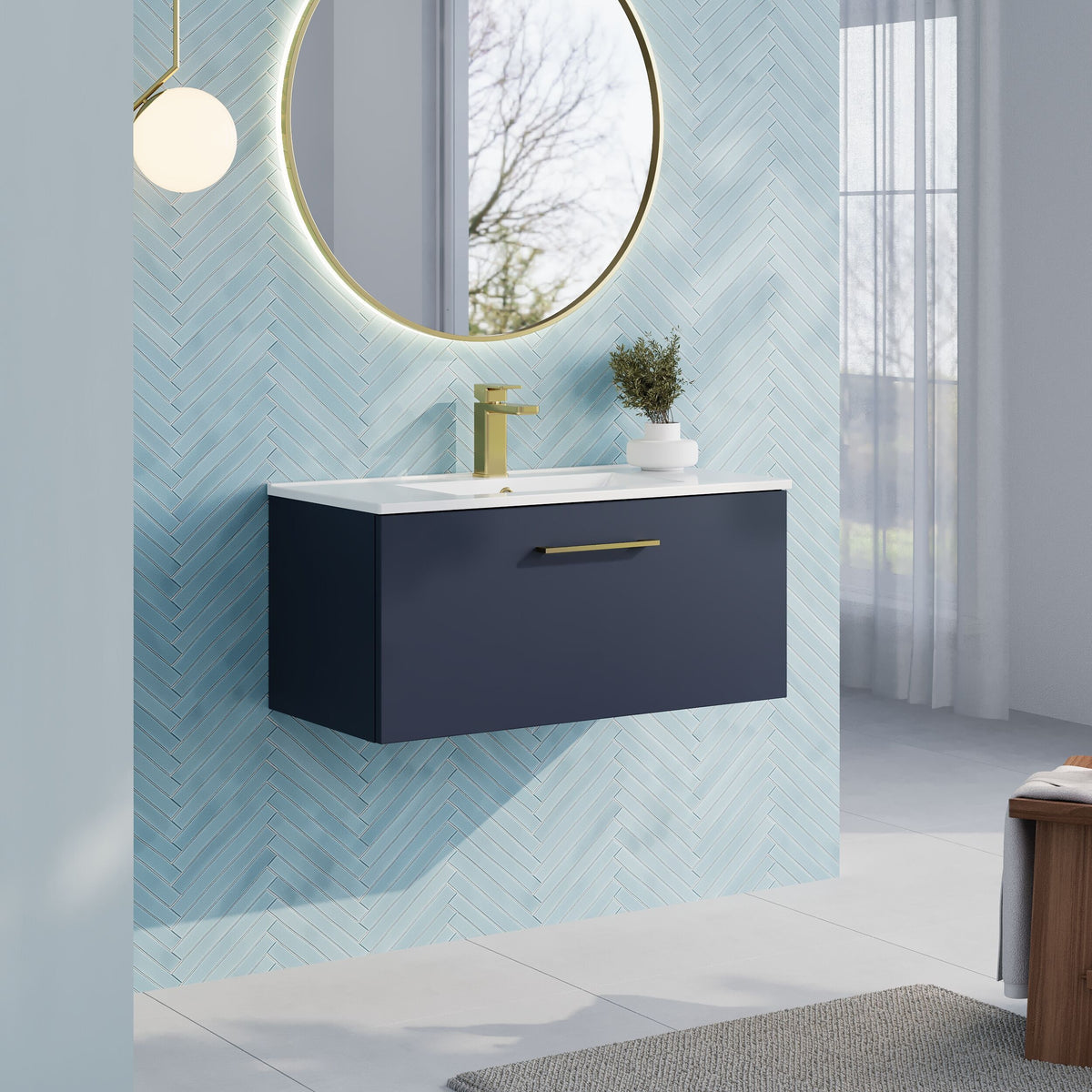 Modern Splash 800mm Midnight Blue 1 Drawer Wall Hung Vanity Unit With Minimalist Basin