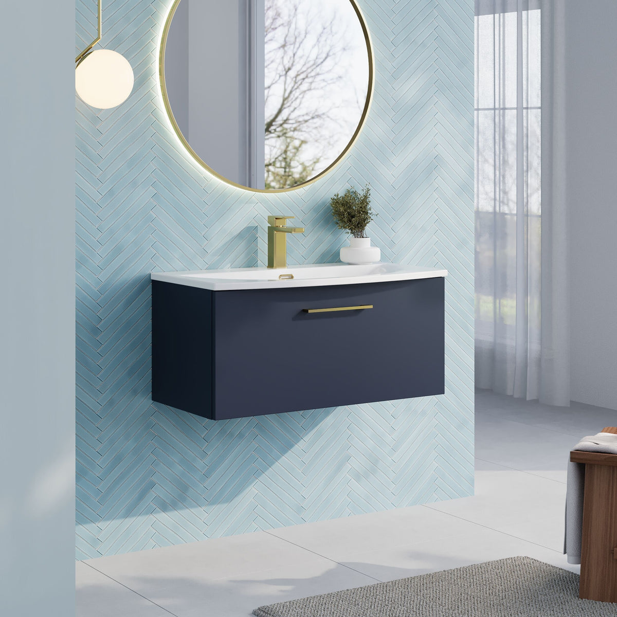 Modern Splash 800mm Midnight Blue 1 Drawer Wall Hung Vanity Unit With Curved Basin