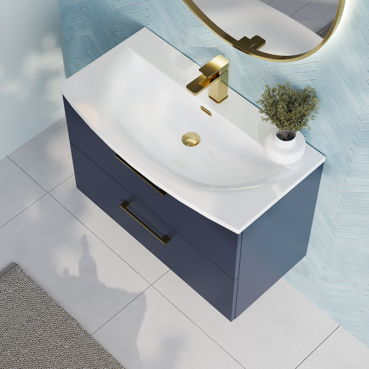 Modern Splash 800mm Midnight Blue 2 Drawer Wall Hung Vanity Unit With Curved Basin