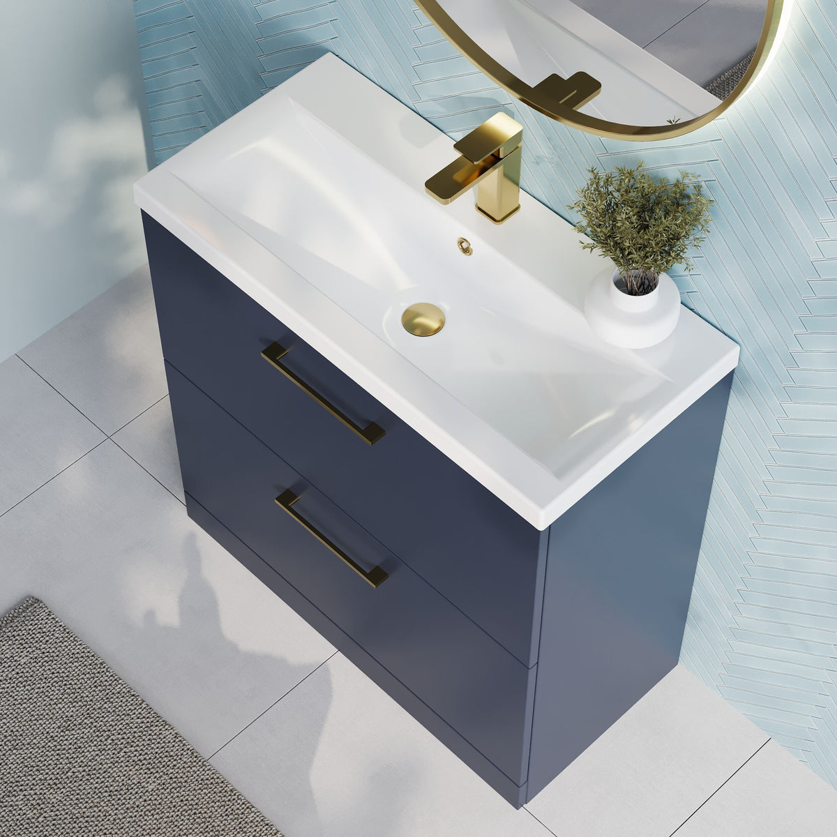 Modern Splash 800mm Midnight Blue 2 Drawer Floor Standing Vanity Unit With Mid-Edge Basin