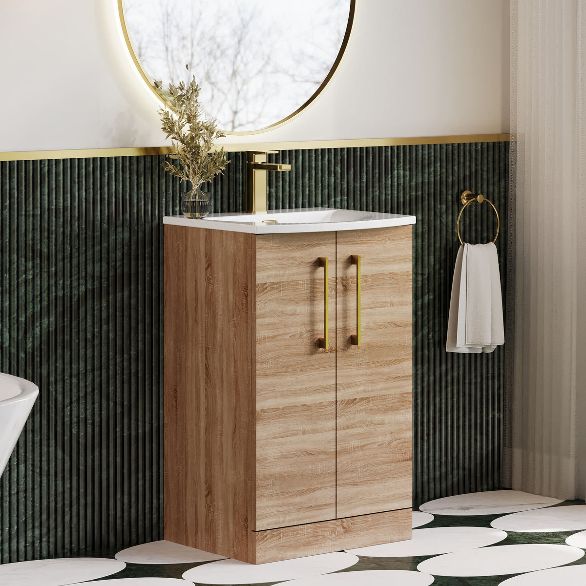 Modern Splash 500mm Bleached Oak 2 Door Floor Standing Vanity Unit With Curved Basin