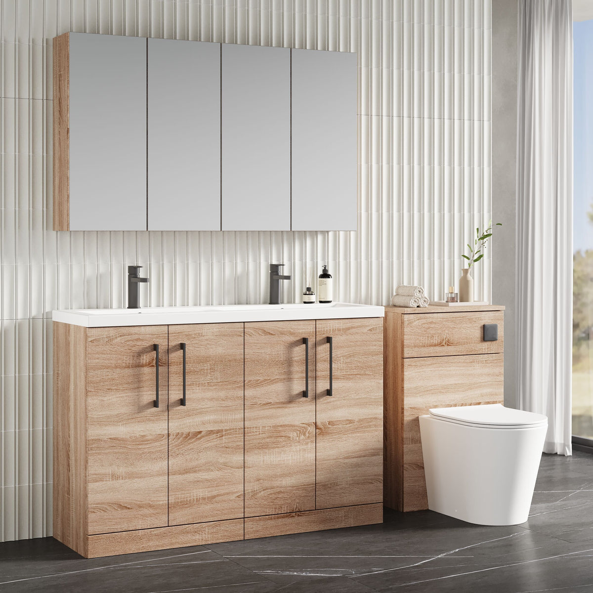 Modern Splash 1200mm Bleached Oak 4 Door Floor Standing Vanity Unit With 2 Tap Hole Ceramic Basin
