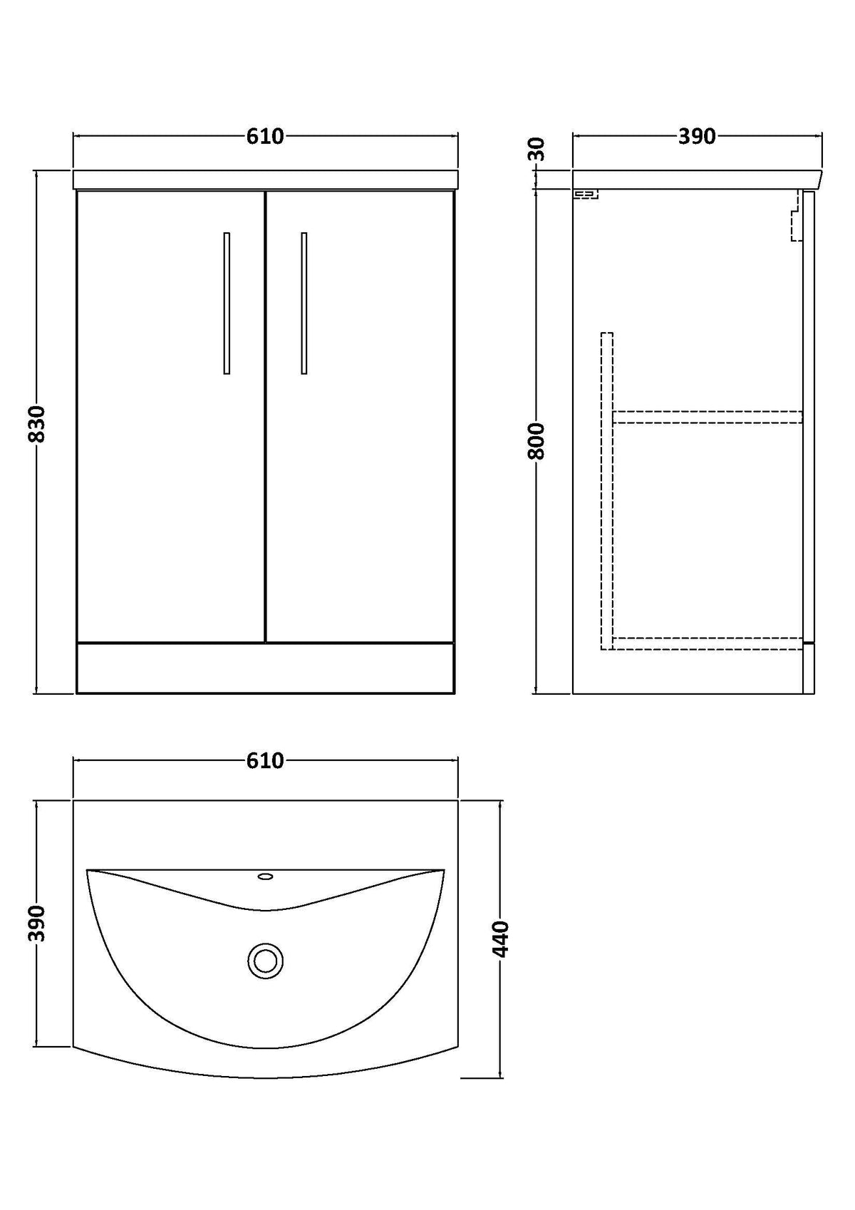 Modern Splash 600mm Bleached Oak 2 Door Floor Standing Vanity Unit With Curved Basin
