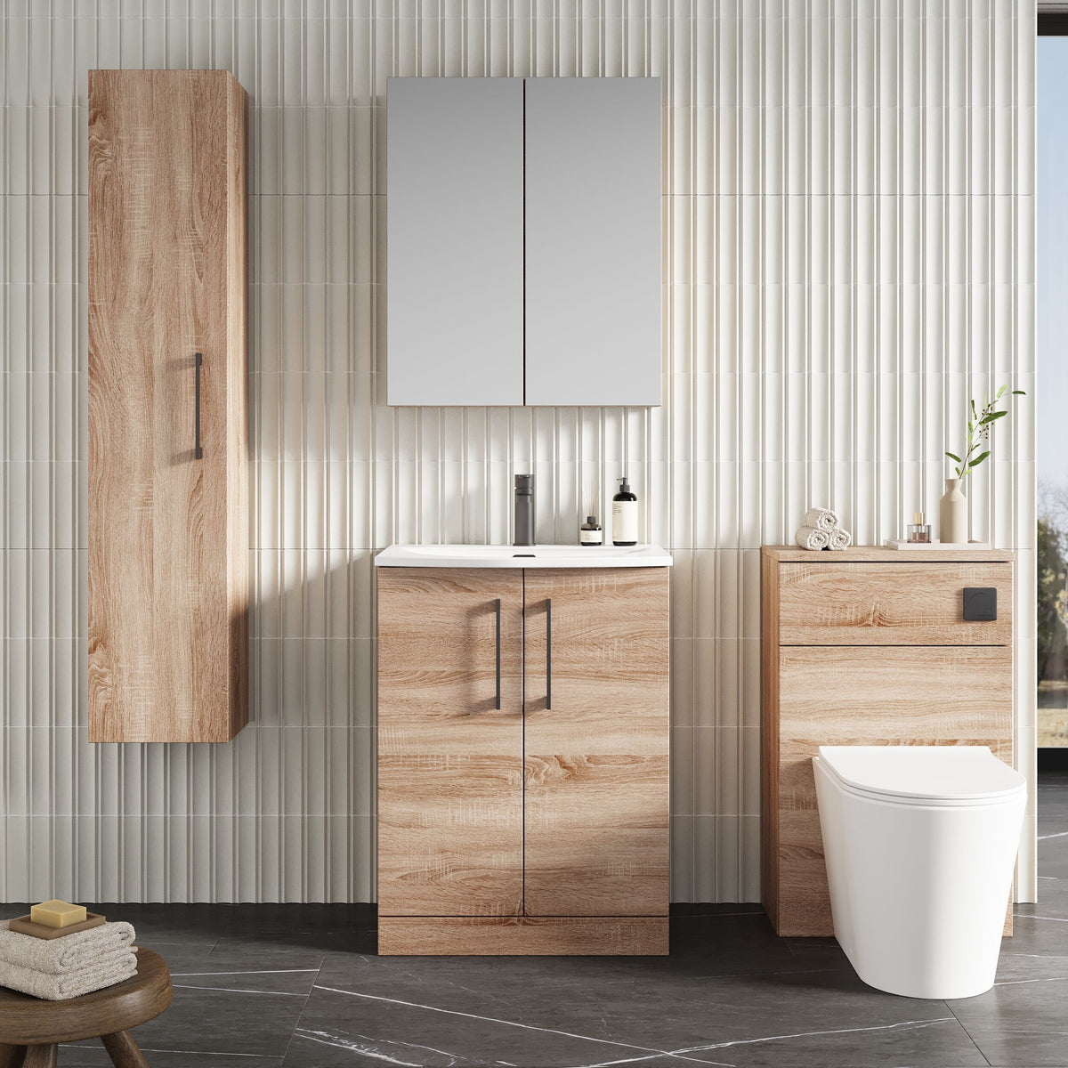 Modern Splash 600mm Bleached Oak 2 Door Floor Standing Vanity Unit With Curved Basin