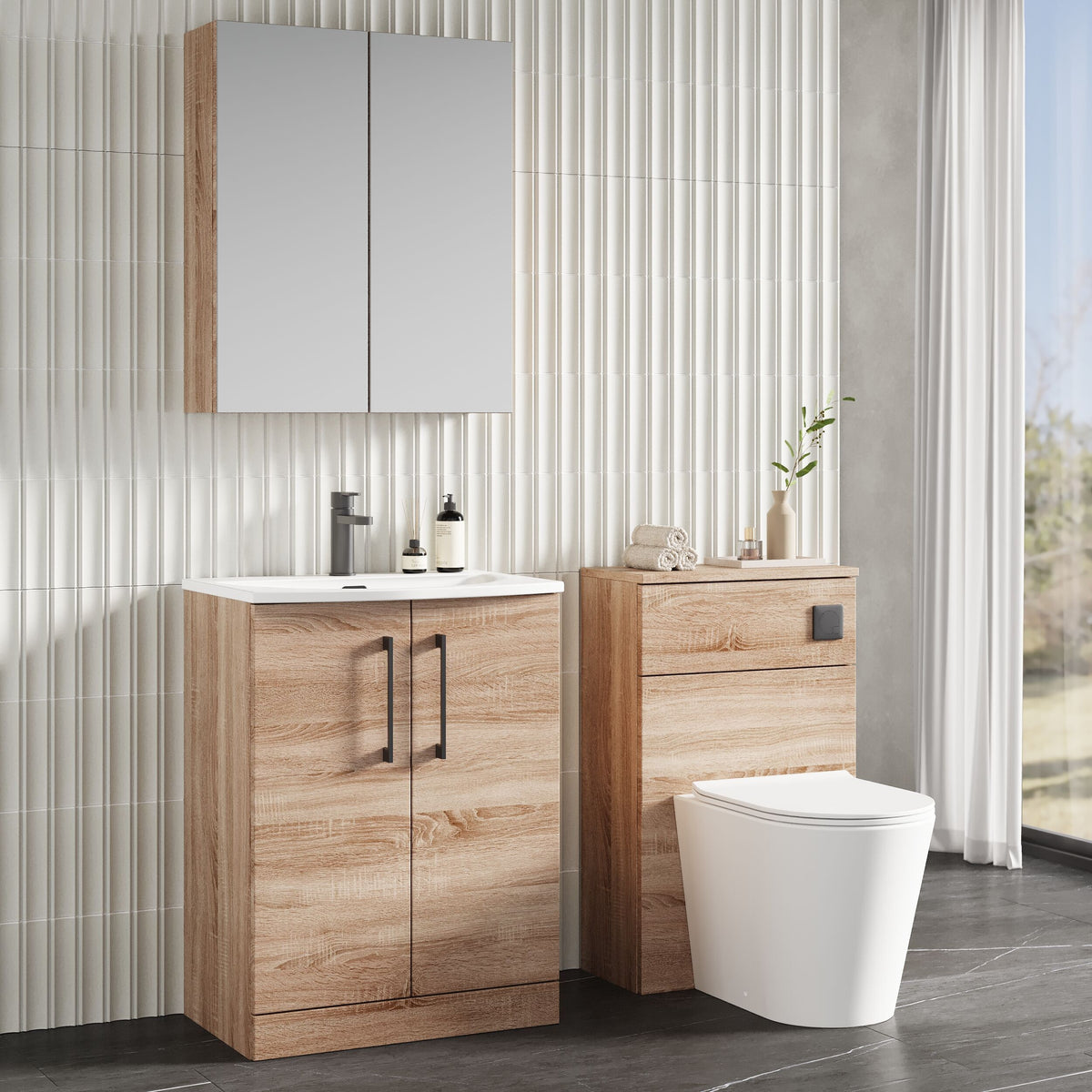 Modern Splash 600mm Bleached Oak 2 Door Floor Standing Vanity Unit With Curved Basin