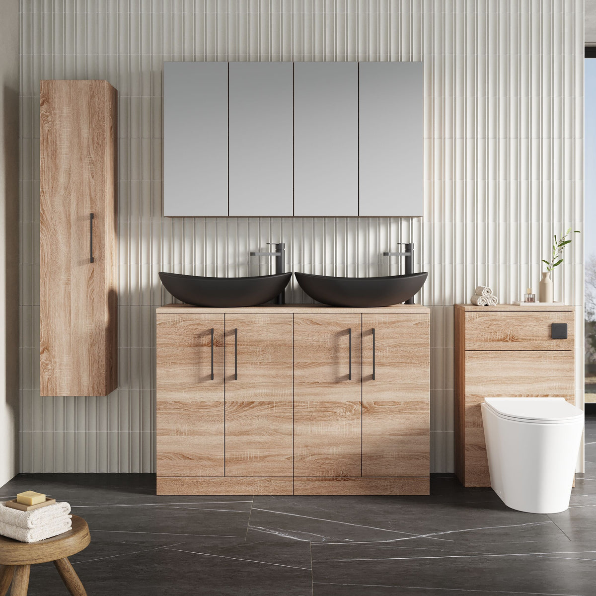 Modern Splash 1200mm Bleached Oak 4 Door Floor Standing Vanity Unit With Co-ordinating Worktop