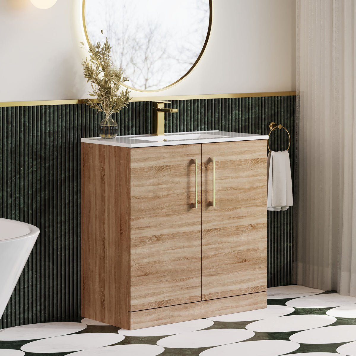 Modern Splash 800mm Bleached Oak 2 Door Floor Standing Vanity Unit With Minimalist Basin