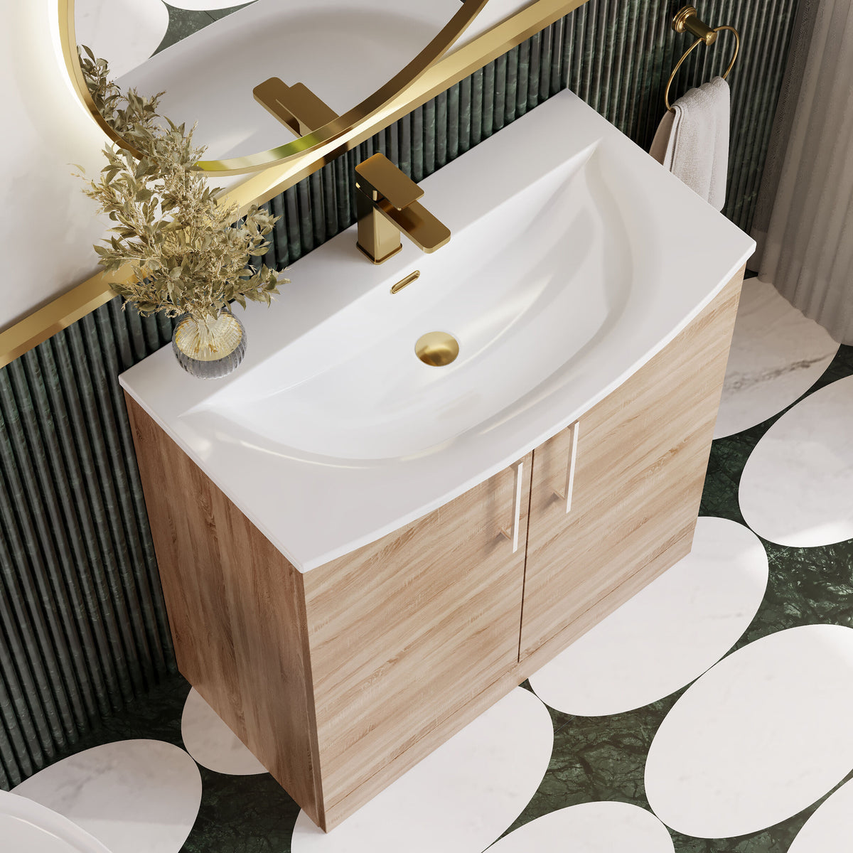 Modern Splash 800mm Bleached Oak 2 Door Floor Standing Vanity Unit With Curved Basin