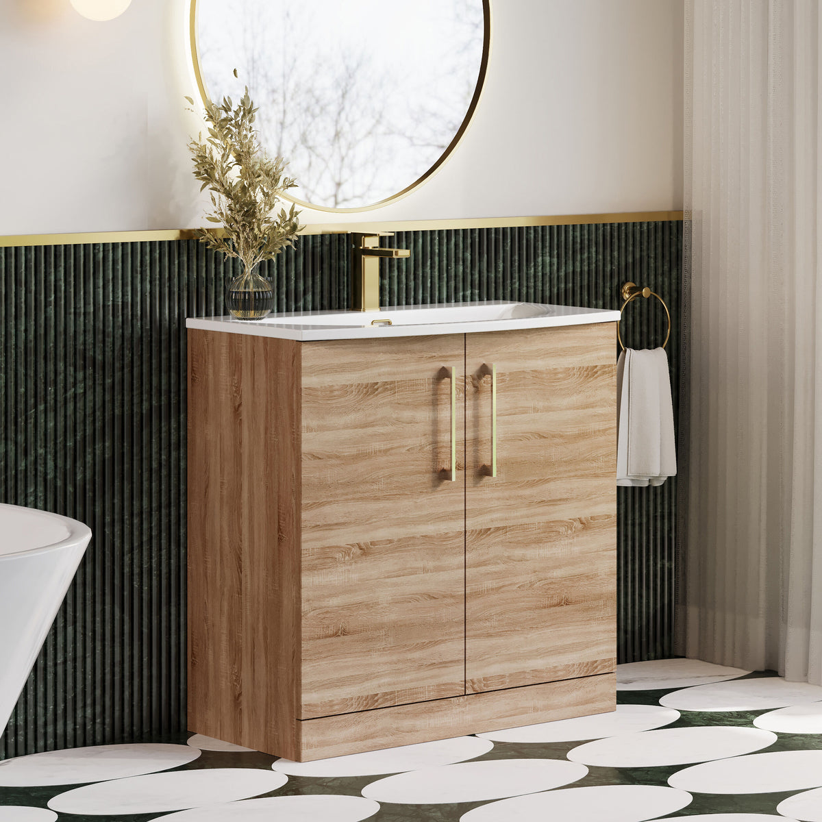 Modern Splash 800mm Bleached Oak 2 Door Floor Standing Vanity Unit With Curved Basin