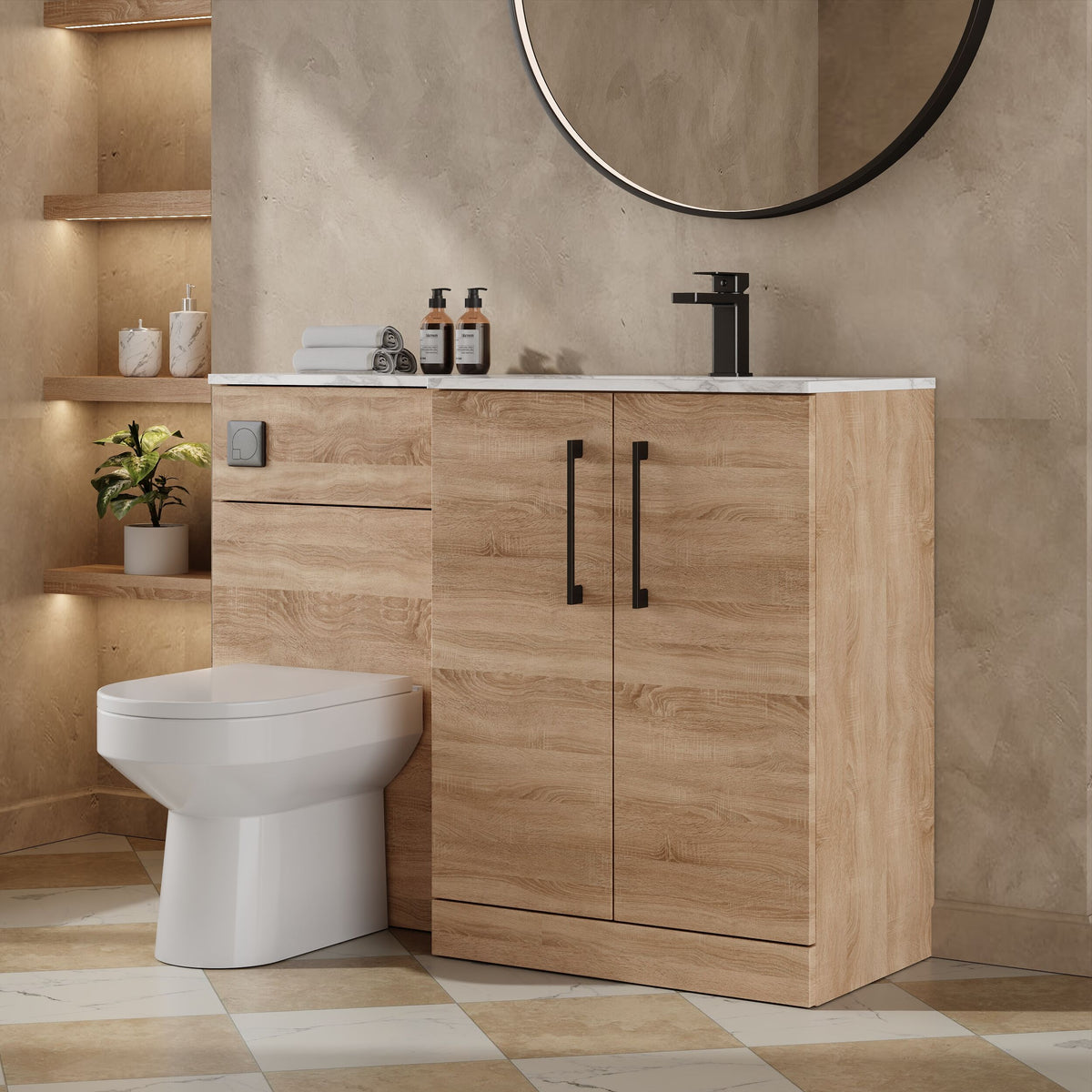 Modern Splash 1100mm Bleached Oak 2 Door Floor Standing Right-Hand Combination Unit With Stone Basin