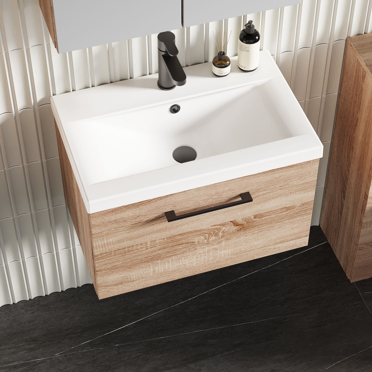 Modern Splash 600mm 1 Drawer Bleached Oak Wall Hung Vanity Unit With Mid-Edge Basin