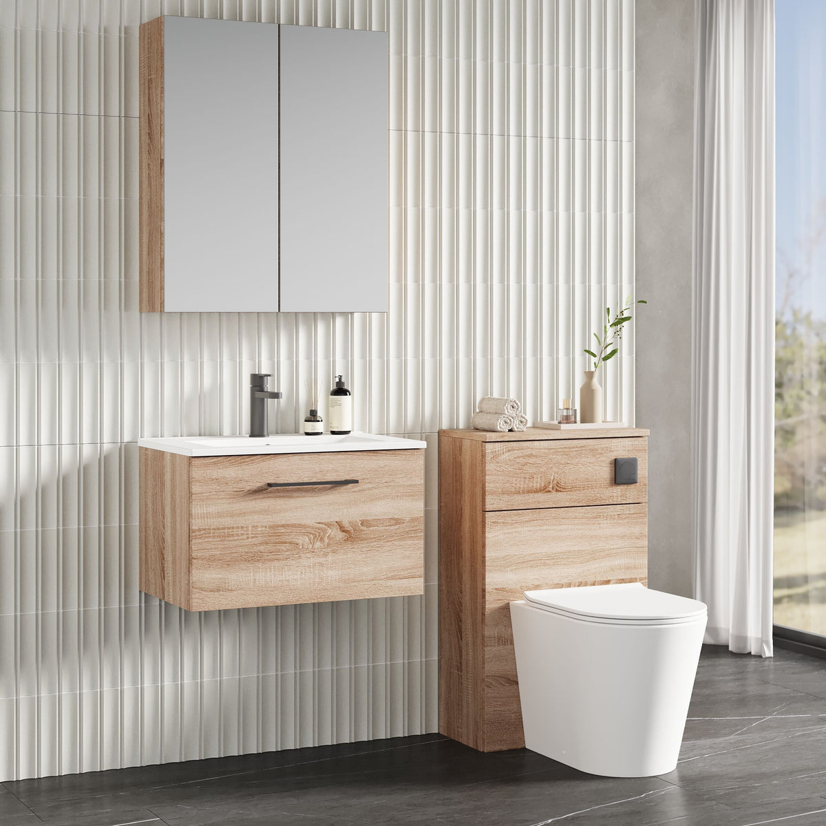 Modern Splash 600mm 1 Drawer Bleached Oak Wall Hung Vanity Unit With Minimalist Basin