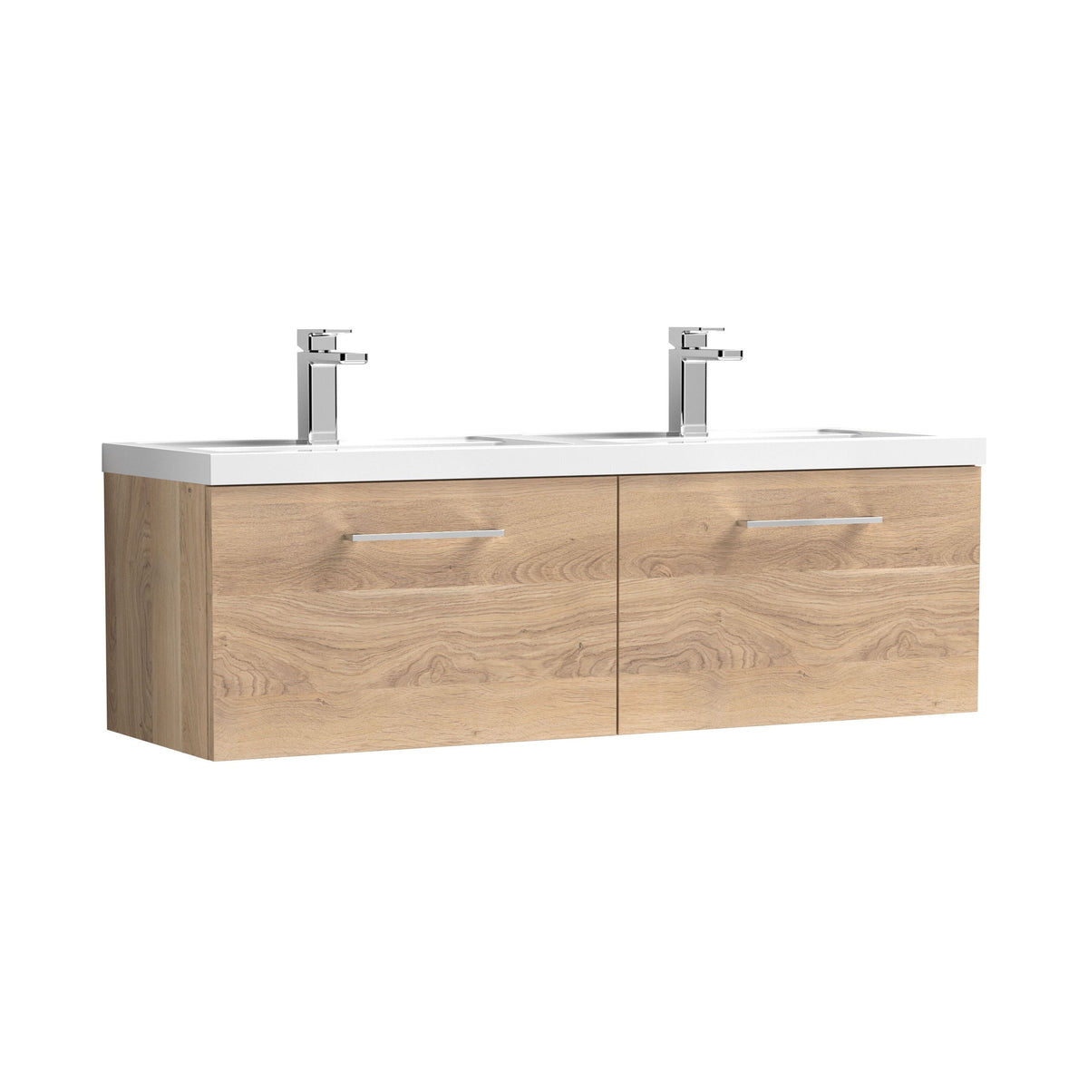 Modern Splash 1200mm Bleached Oak 2 Drawer Wall Hung Vanity Unit With 2 Tap Hole Polymarble basin