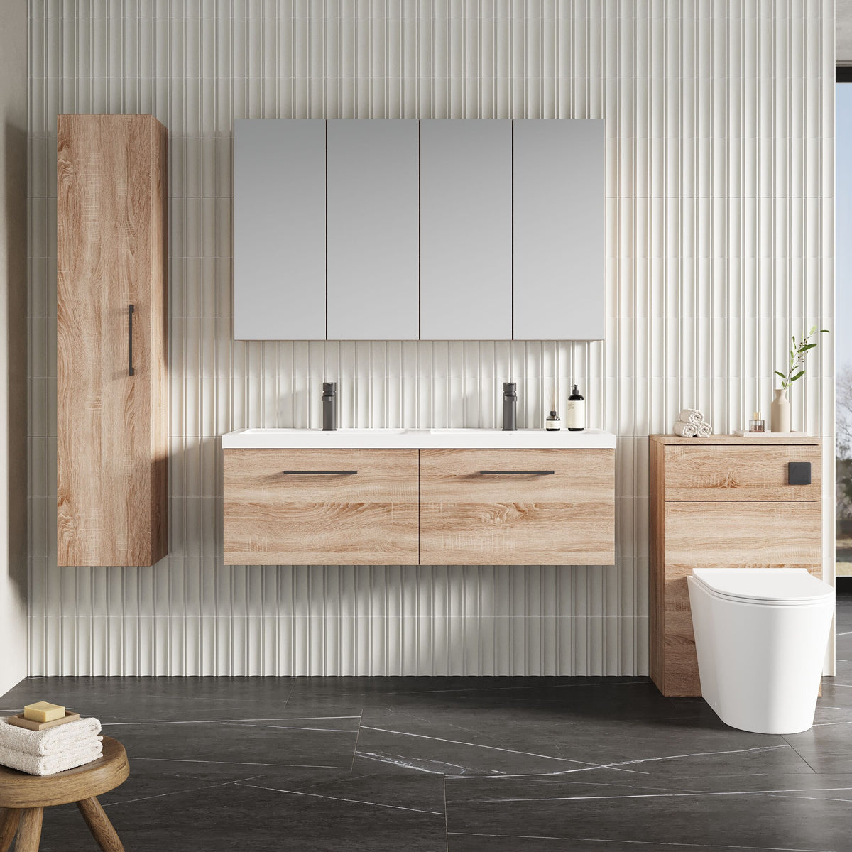 Modern Splash 1200mm Bleached Oak 2 Drawer Wall Hung Vanity Unit With 2 Tap Hole Polymarble basin