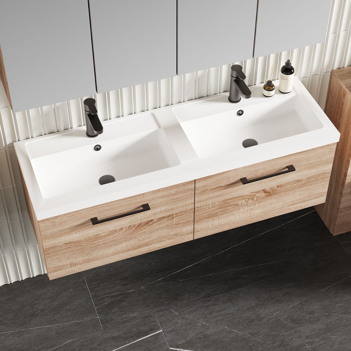 Modern Splash 1200mm Bleached Oak 2 Drawer Wall Hung Vanity Unit With 2 Tap Hole Polymarble basin