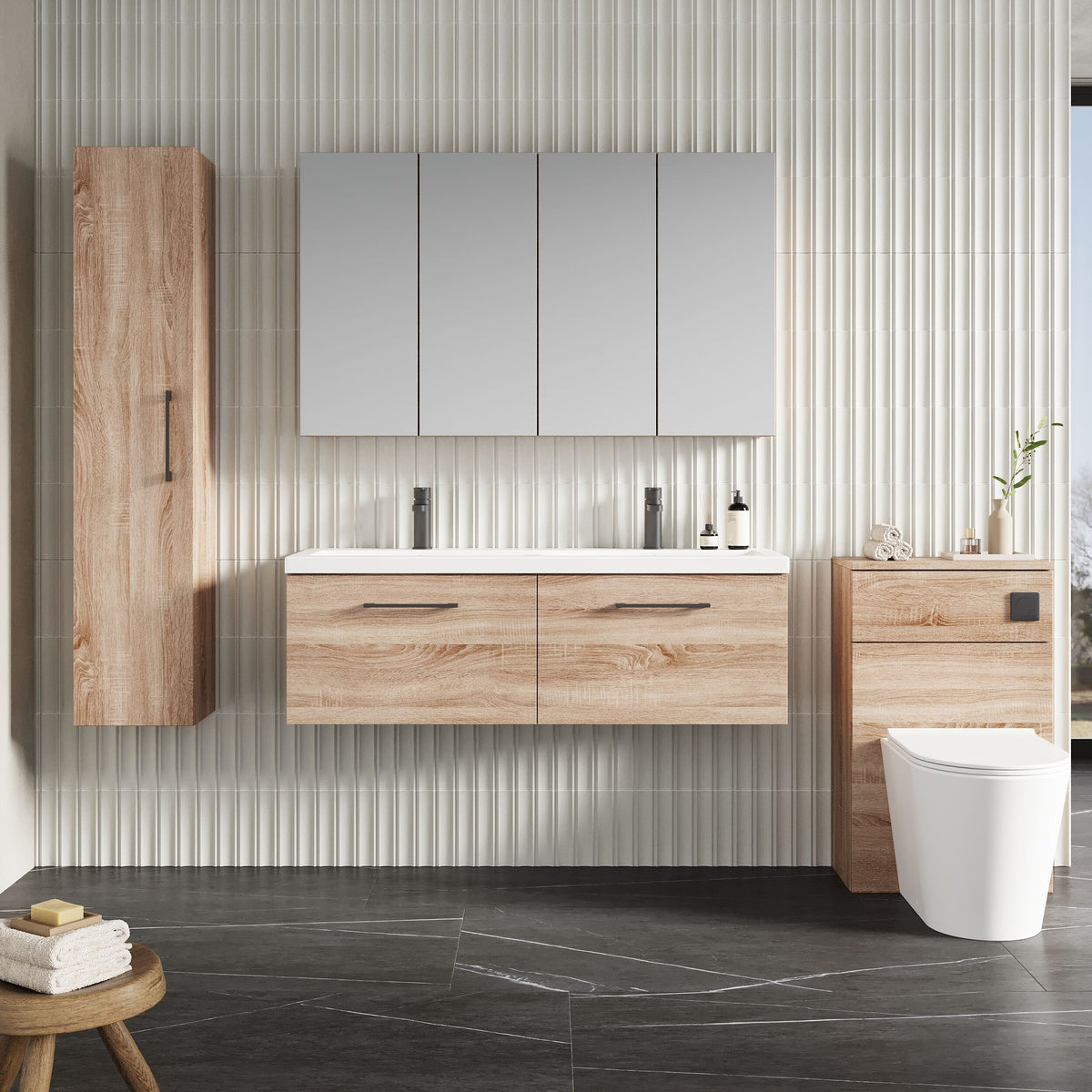 Modern Splash 1200mm Bleached Oak 2 Drawer Wall Hung Vanity Unit With 2 Tap Hole Ceramic Basin