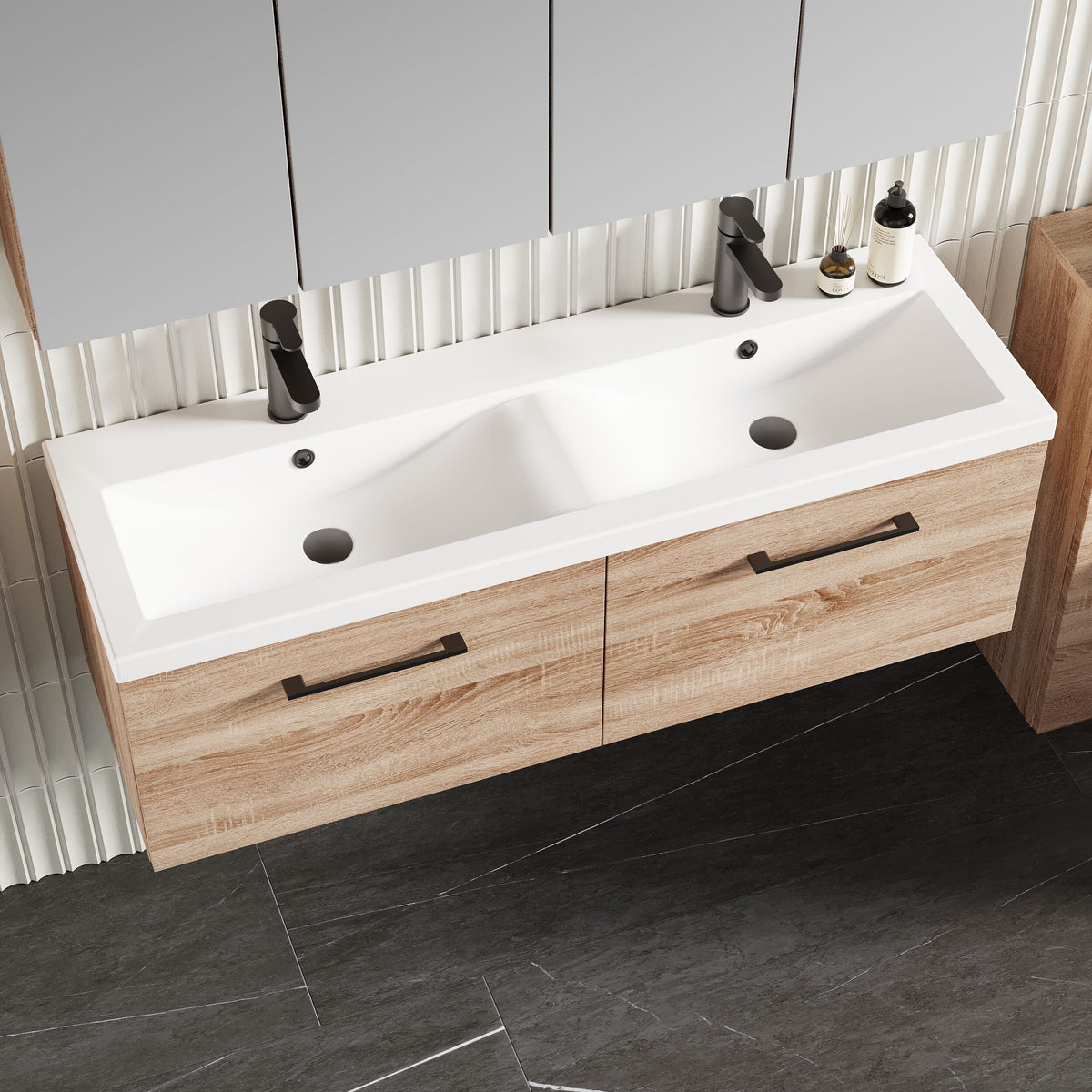 Modern Splash 1200mm Bleached Oak 2 Drawer Wall Hung Vanity Unit With 2 Tap Hole Ceramic Basin