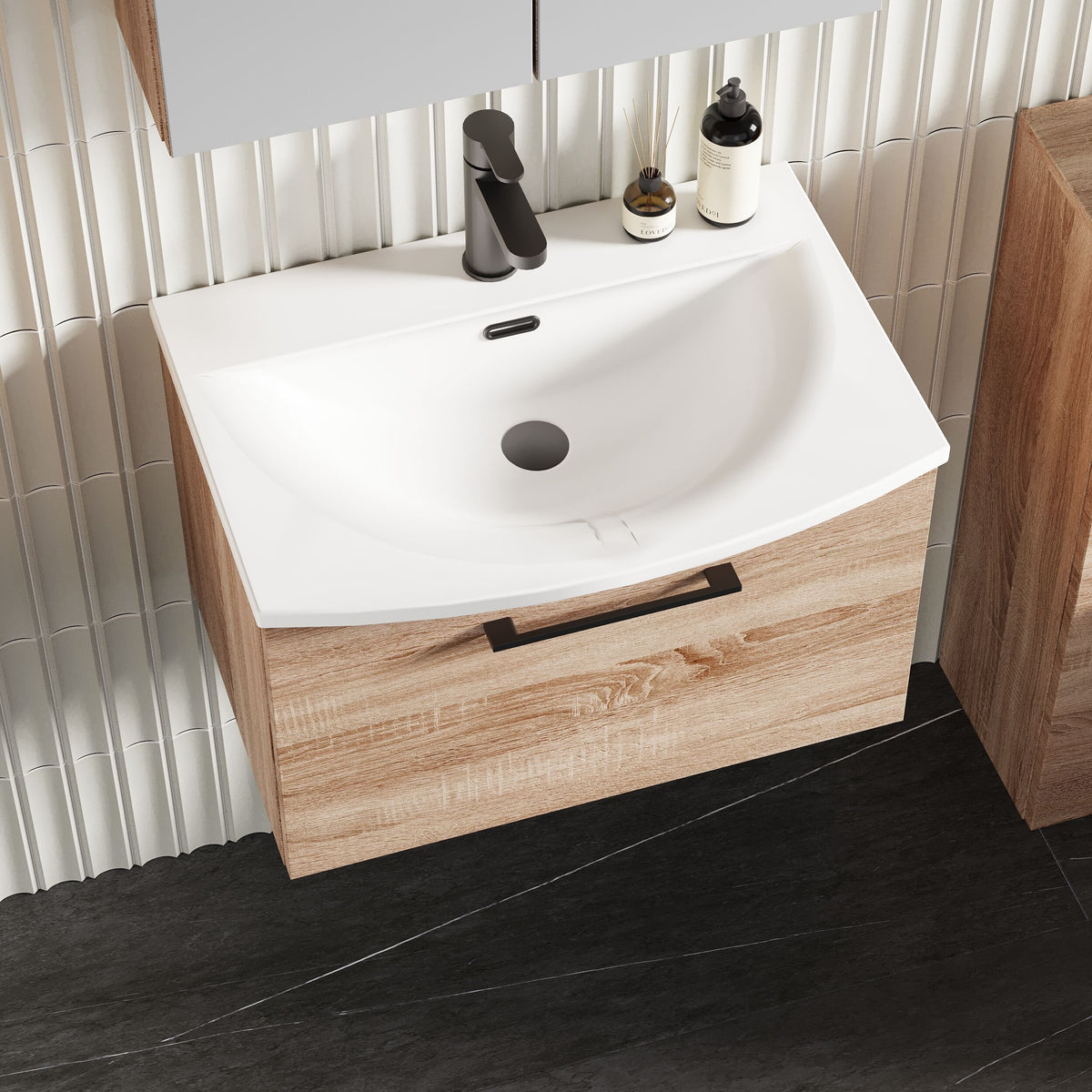 Modern Splash 600mm 1 Drawer Bleached Oak Wall Hung Vanity Unit With Curved Basin