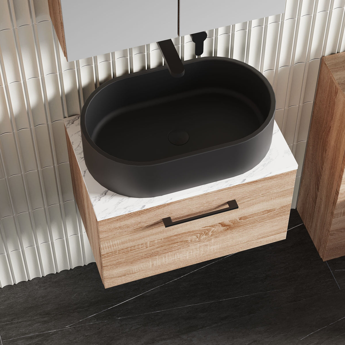 Modern Splash 600mm Bleached Oak 1 Drawer Wall Hung Vanity Unit With Carrara Laminate Worktop