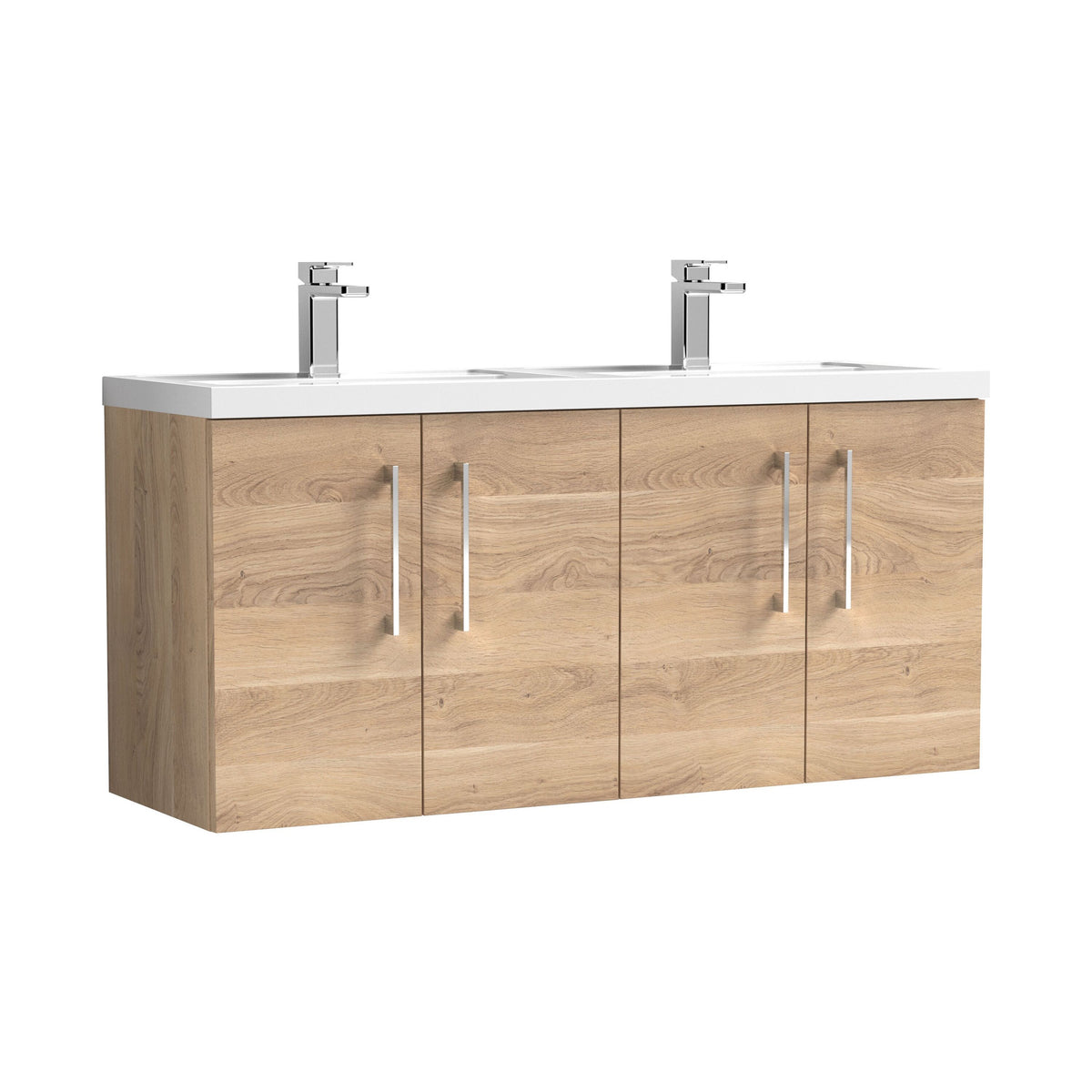 Modern Splash 1200mm Bleached Oak 4 Door Wall Hung Vanity Unit With 2 Tap Hole Polymarble basin