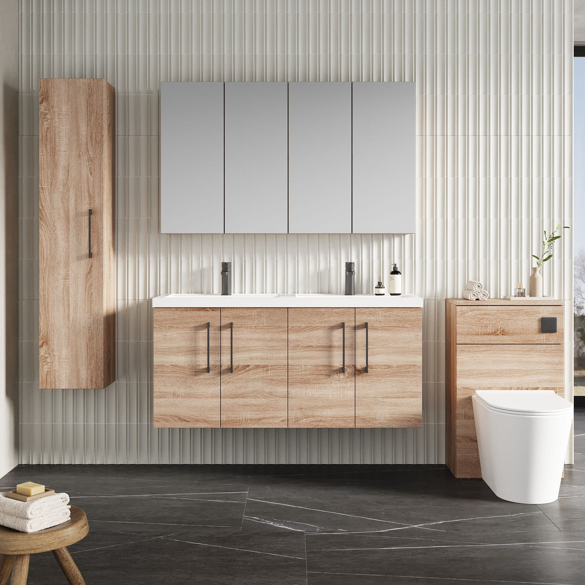 Modern Splash 1200mm Bleached Oak 4 Door Wall Hung Vanity Unit With 2 Tap Hole Polymarble basin