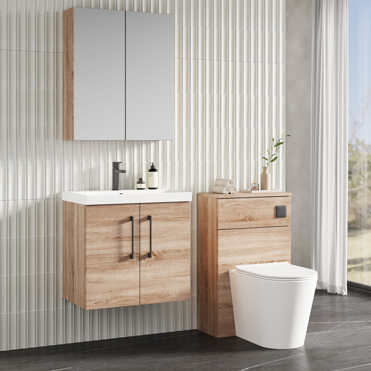 Modern Splash 600mm Bleached Oak 2 Door Wall Hung Vanity Unit With Thin Edge Basin