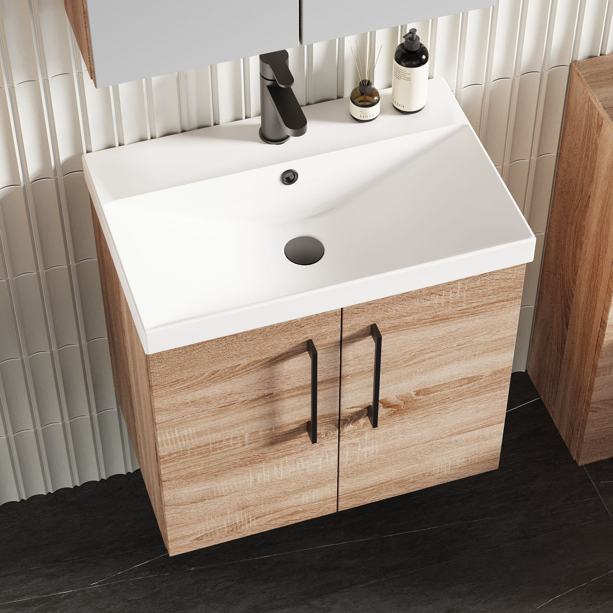 Modern Splash 600mm Bleached Oak 2 Door Wall Hung Vanity Unit With Thin Edge Basin