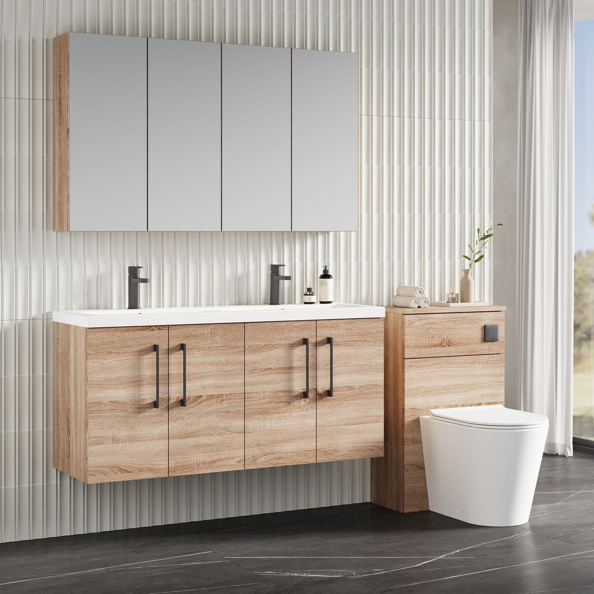 Modern Splash 1200mm Bleached Oak 4 Door Wall Hung Vanity Unit With 2 Tap Hole Ceramic Basin
