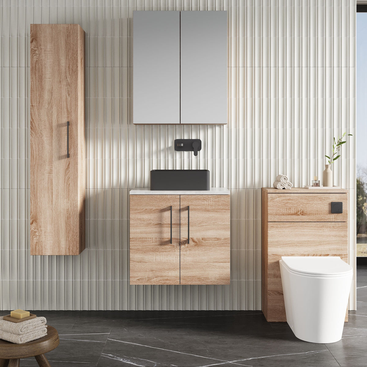 Modern Splash 600mm Bleached Oak 2 Door Wall Hung Vanity Unit With Bellato Grey Worktop