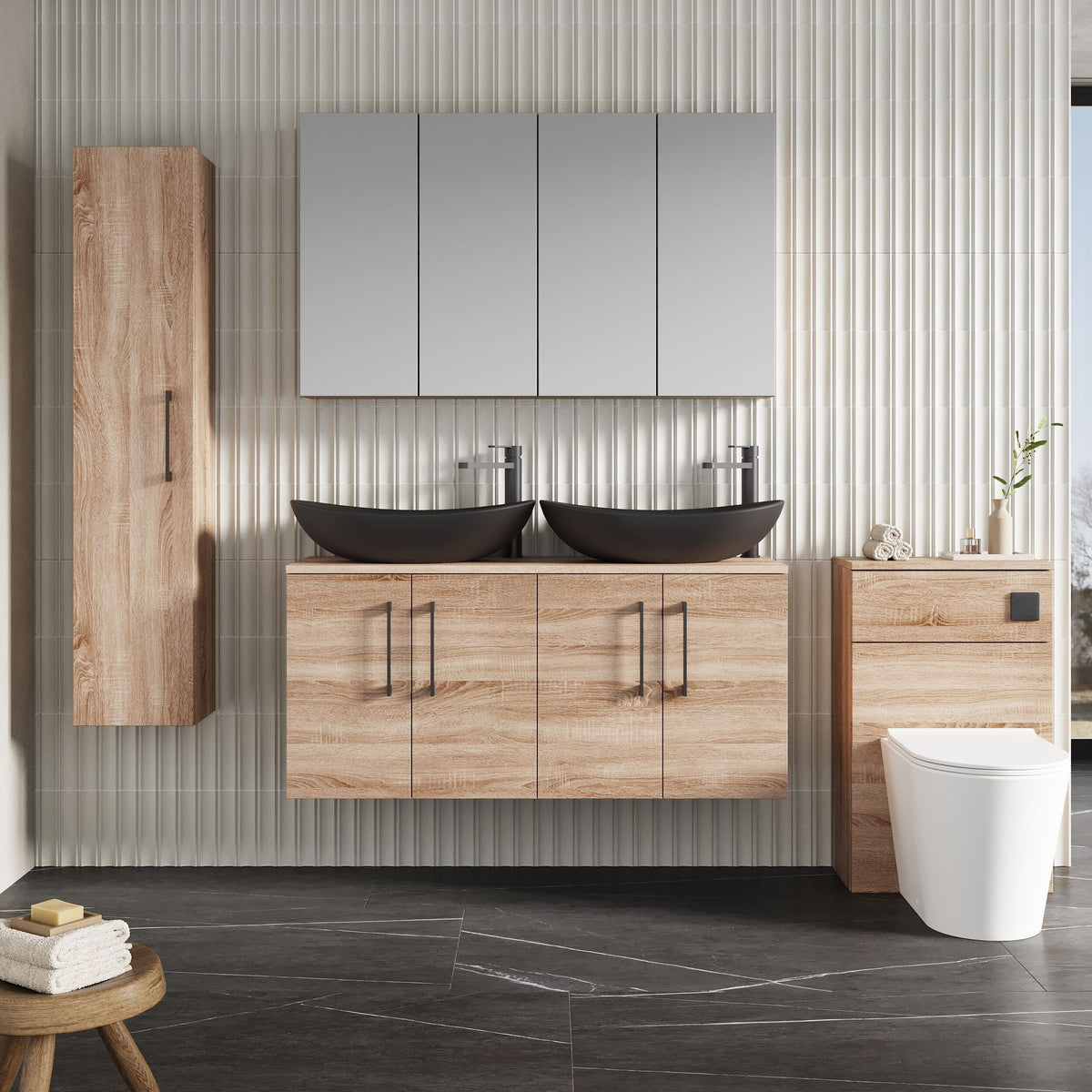 Modern Splash 1200mm Bleached Oak 4 Door Wall Hung Vanity Unit With Co-ordinating Worktop