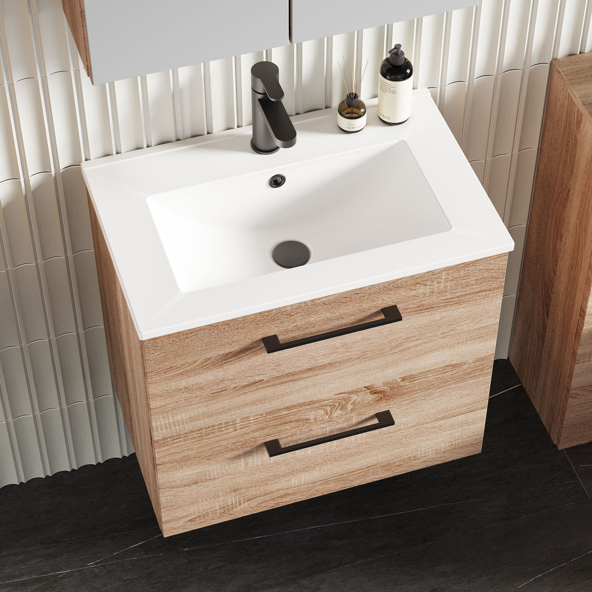 Modern Splash 600mm Bleached Oak 2 Drawer Wall Hung Vanity Unit With Minimalist Basin