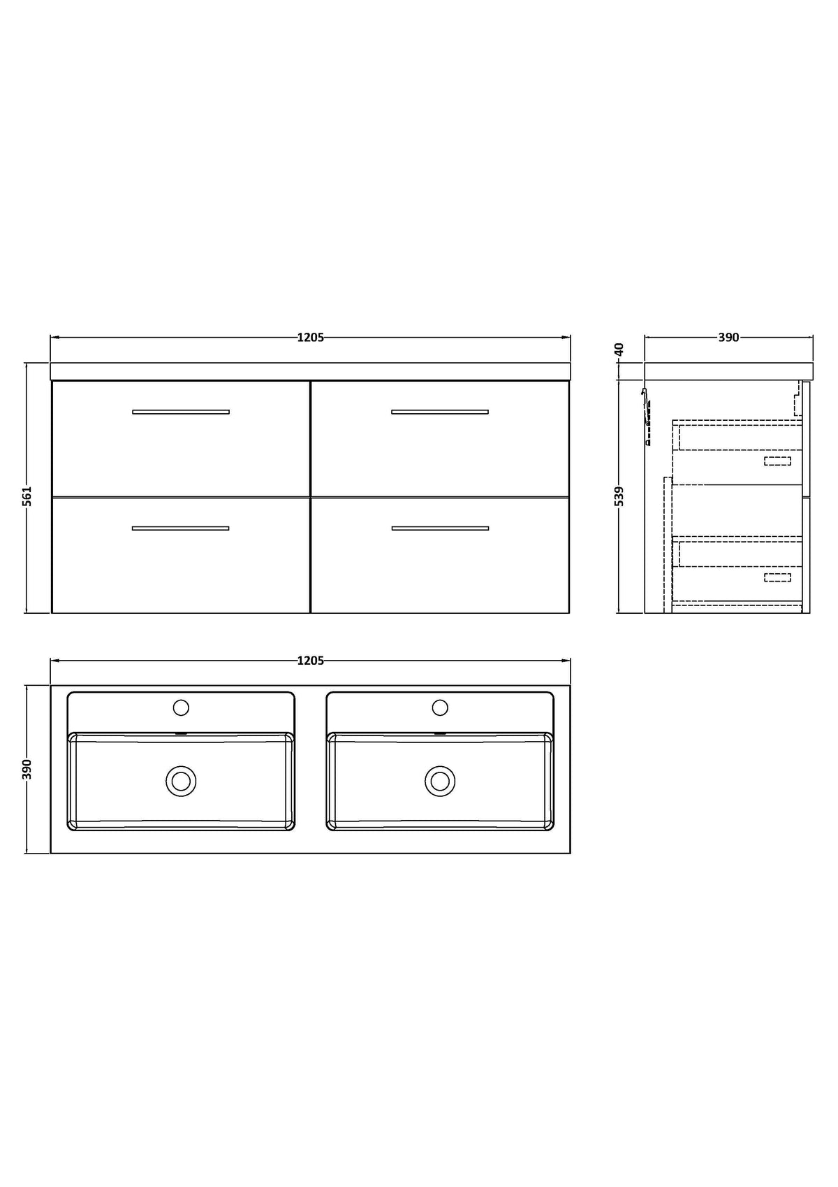 Modern Splash 1200mm Bleached Oak 4 Drawer Wall Hung Vanity Unit With 2 Tap Hole Polymarble basin